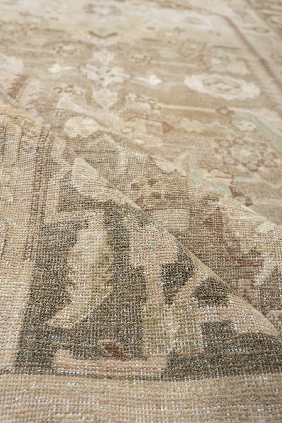 5' x 8' one-of-a-kind handmade vintage Bidjar medium size rug. Color palette: ivory, taupe, sage, camel, brown, rose, olive