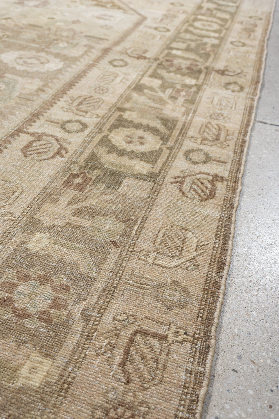 5' x 8' one-of-a-kind handmade vintage Bidjar medium size rug. Color palette: ivory, taupe, sage, camel, brown, rose, olive