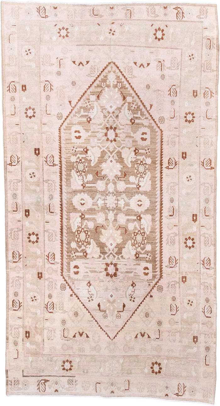 4' x 8' one-of-a-kind handmade antique Bidjar rug. Color palette: ivory, blush, taupe, camel, brown, rose, pink, beige, gray