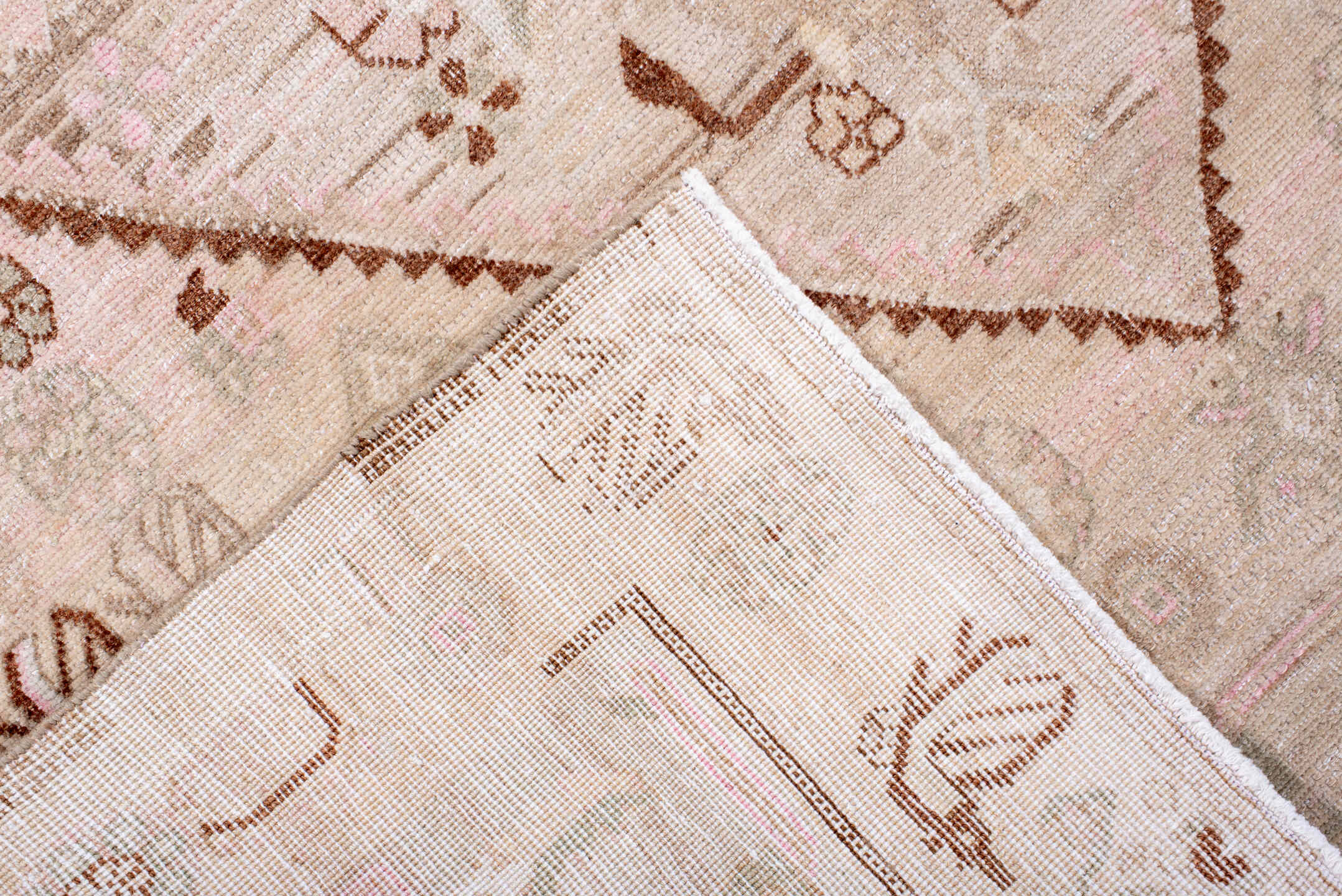 4' x 8' one-of-a-kind handmade antique Bidjar rug. Color palette: ivory, blush, taupe, camel, brown, rose, pink, beige, gray