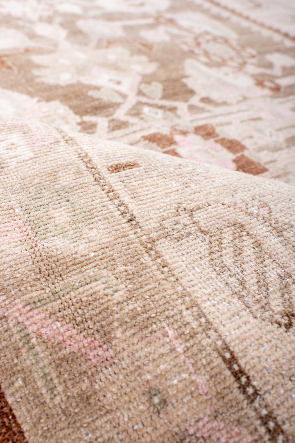 4' x 8' one-of-a-kind handmade antique Bidjar rug. Color palette: ivory, blush, taupe, camel, brown, rose, pink, beige, gray