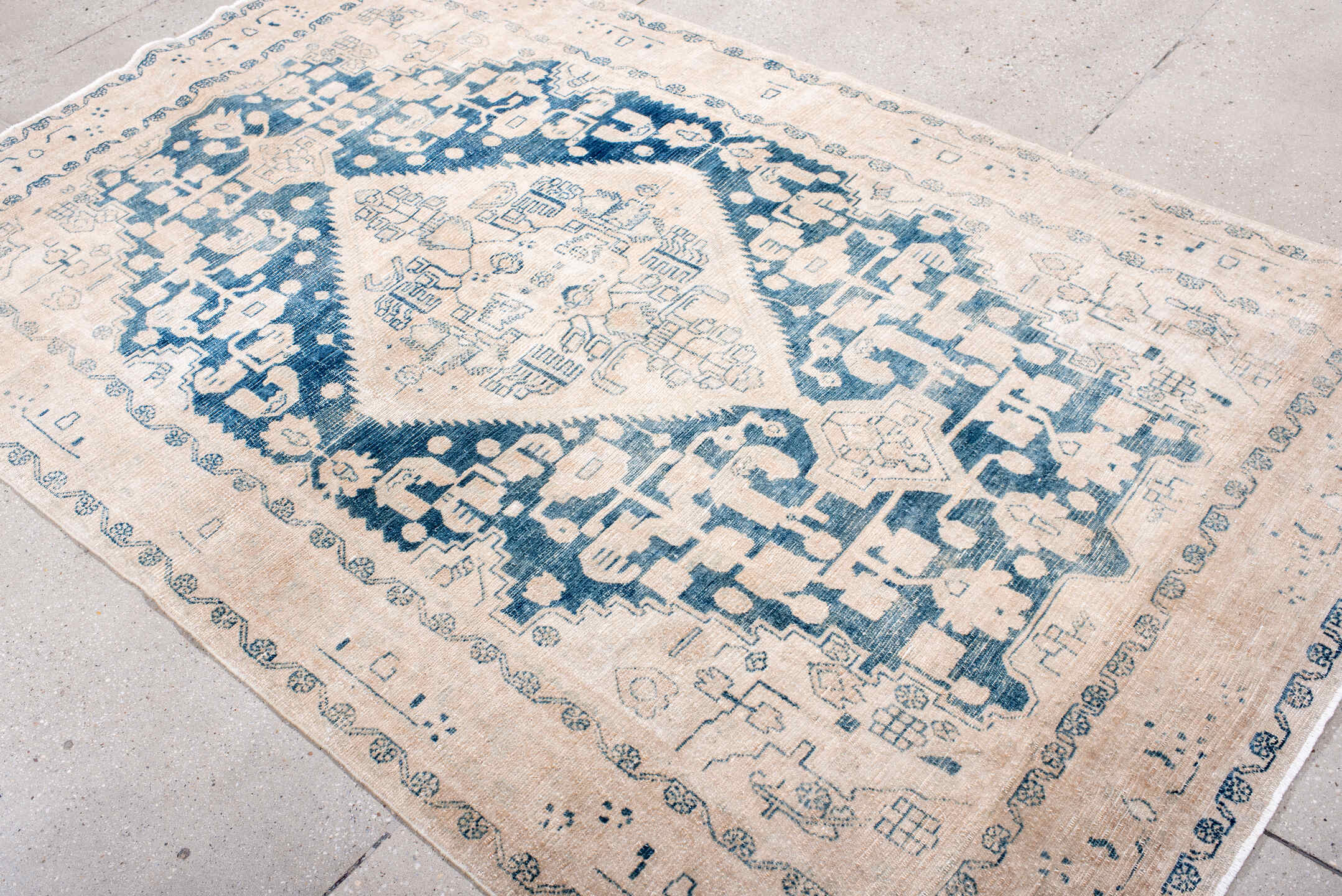 5' x 8' one-of-a-kind handmade antique Hamadan medium size rug. Color palette: ivory, sky blue, blush, beige, powder blue