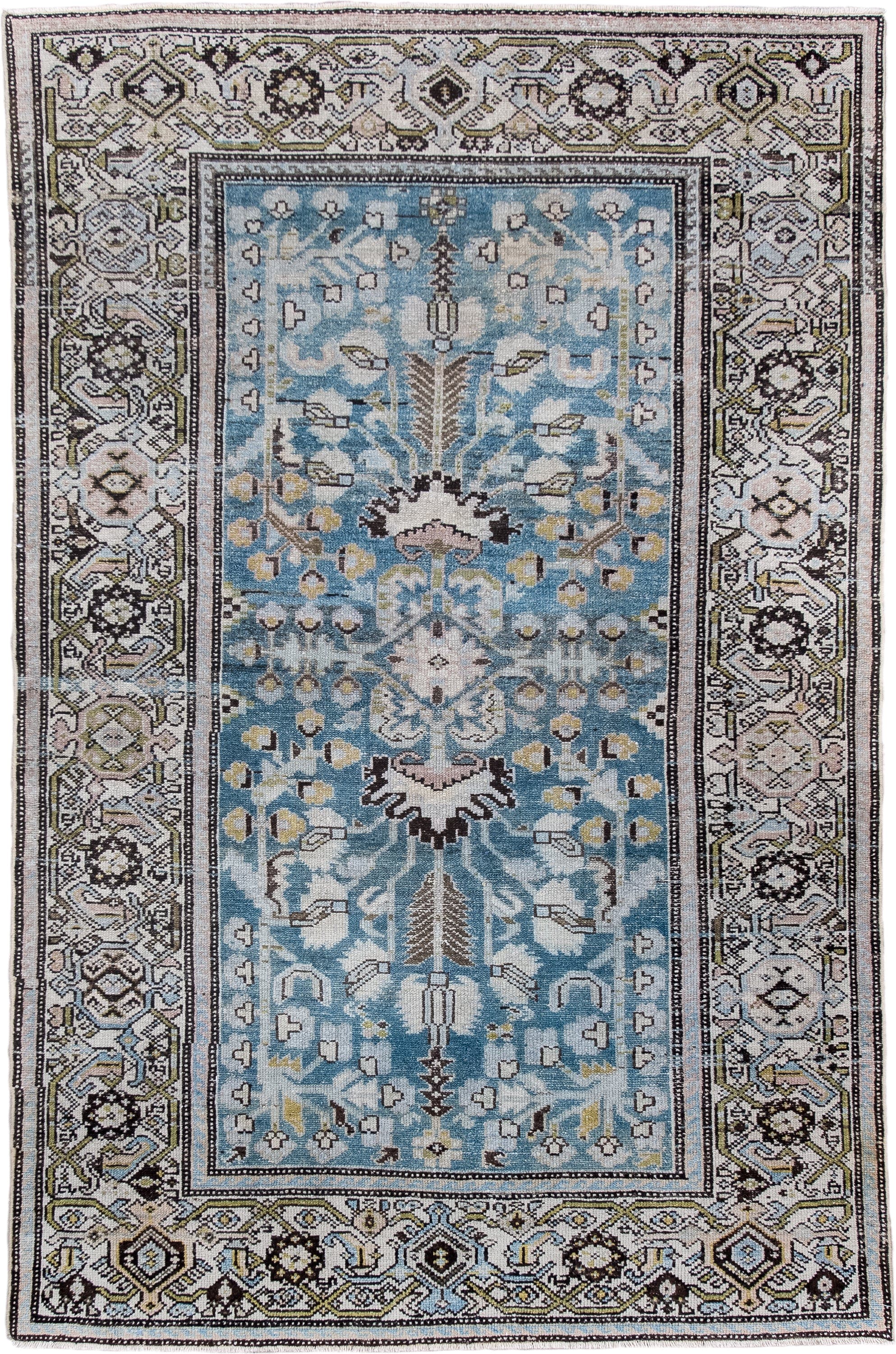 4' x 7' one-of-a-kind handmade antique Hamadan rug. Color palette: sky blue, ivory, charcoal, sage, taupe, gold, brown