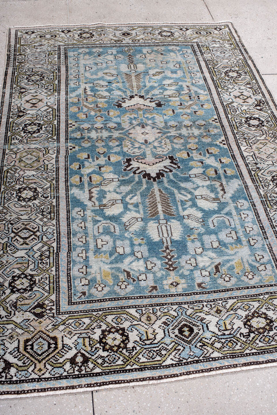 4' x 7' one-of-a-kind handmade antique Hamadan rug. Color palette: sky blue, ivory, charcoal, sage, taupe, gold, brown