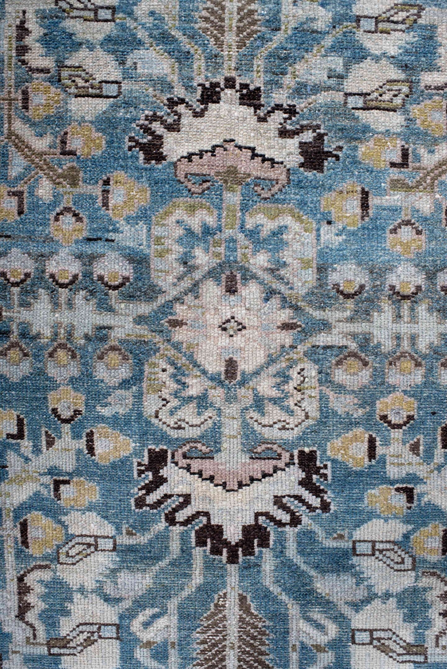 4' x 7' one-of-a-kind handmade antique Hamadan rug. Color palette: sky blue, ivory, charcoal, sage, taupe, gold, brown
