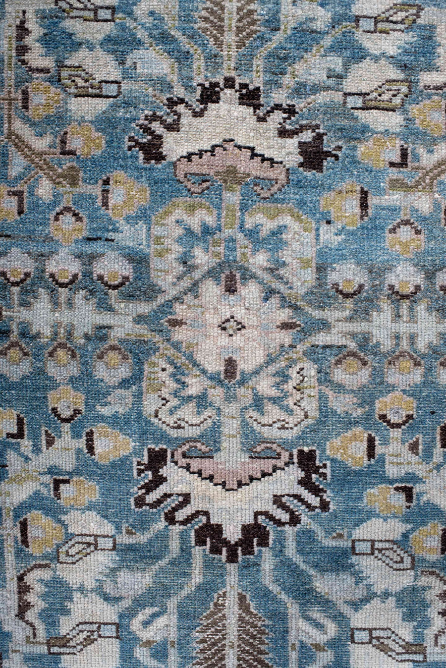 4' x 7' one-of-a-kind handmade antique Hamadan rug. Color palette: sky blue, ivory, charcoal, sage, taupe, gold, brown