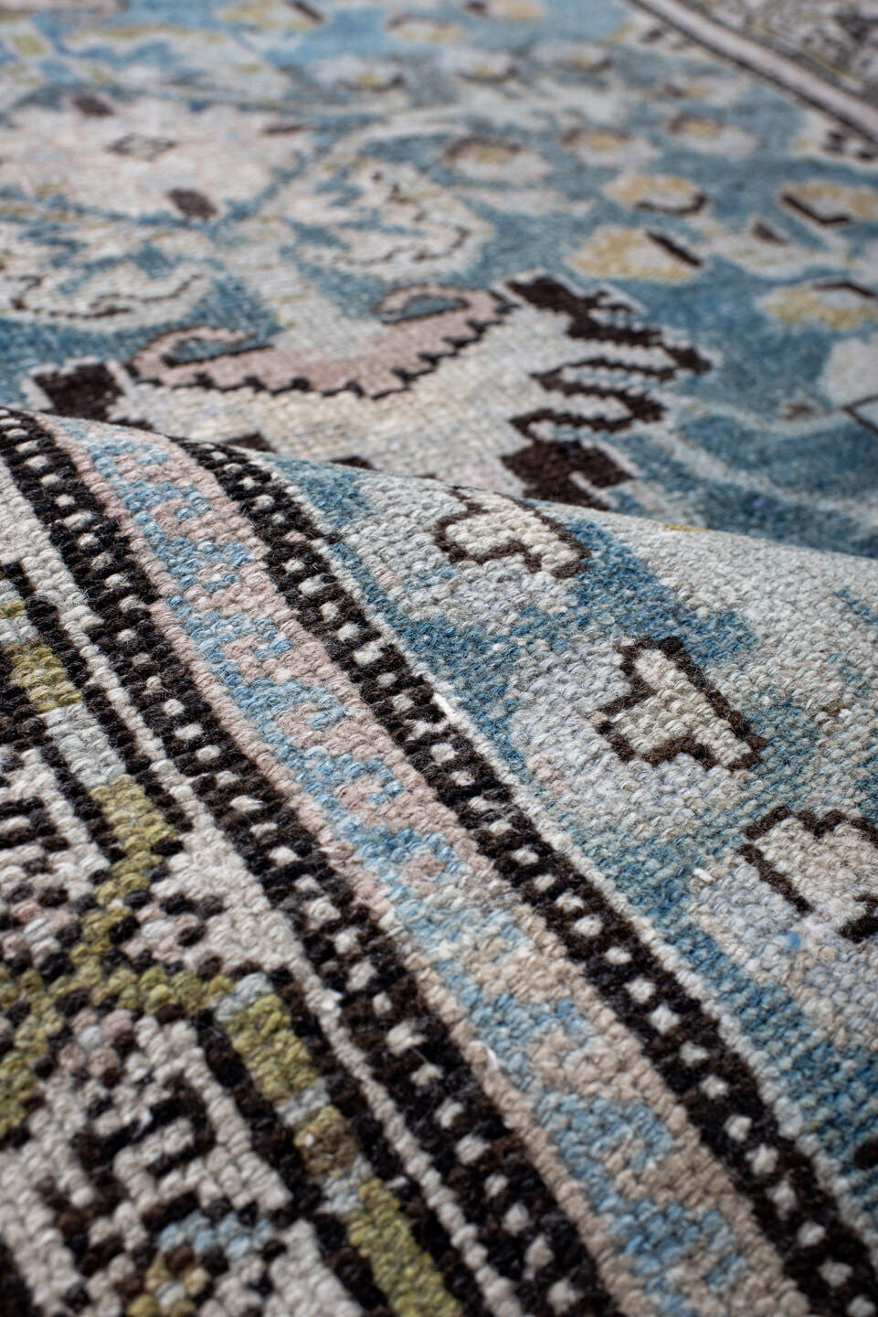 4' x 7' one-of-a-kind handmade antique Hamadan rug. Color palette: sky blue, ivory, charcoal, sage, taupe, gold, brown