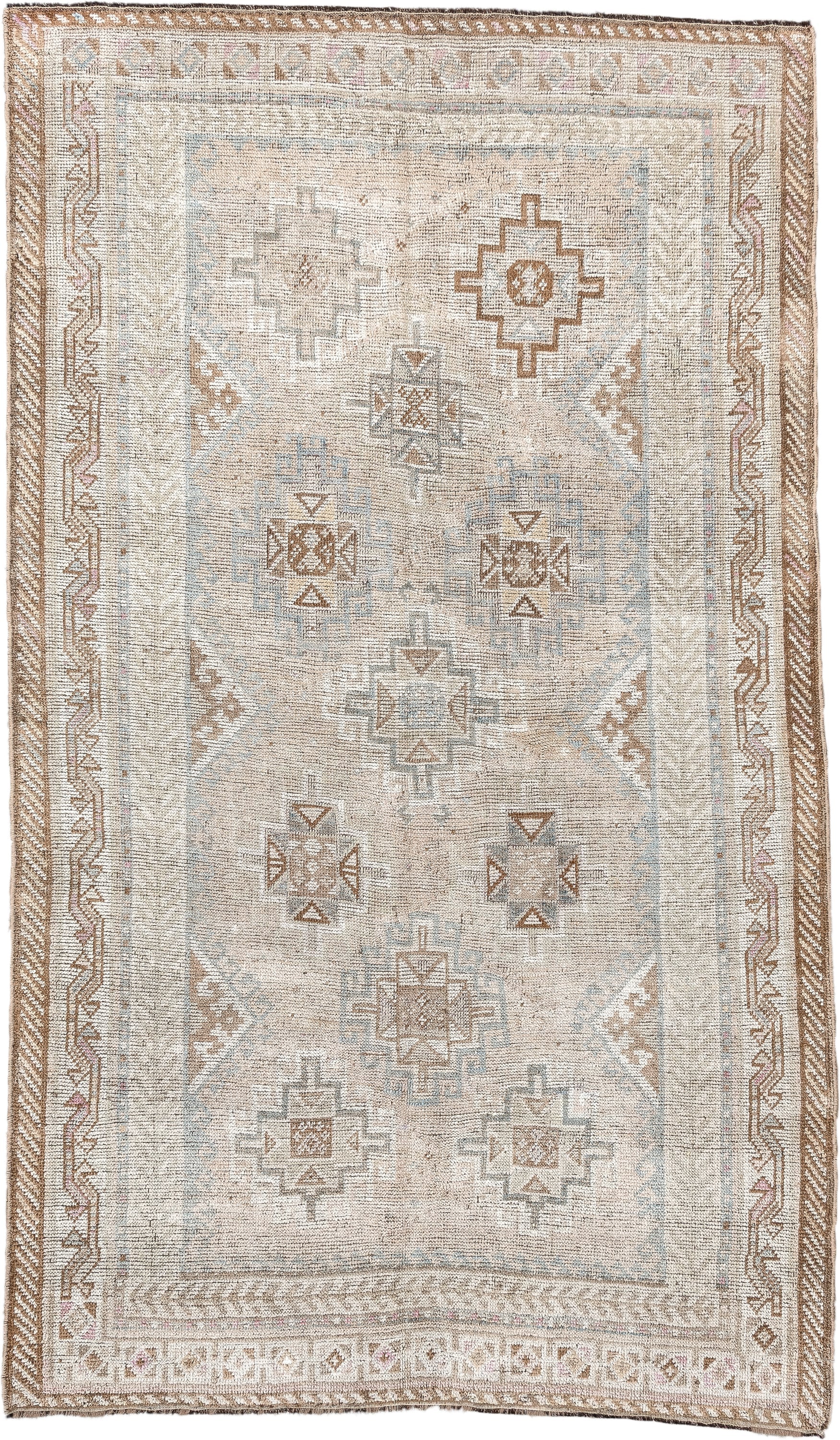 4' x 6' one-of-a-kind handmade antique Gabbe rug. Color palette: ivory, camel, taupe, pale blue, sand, light brown, blush