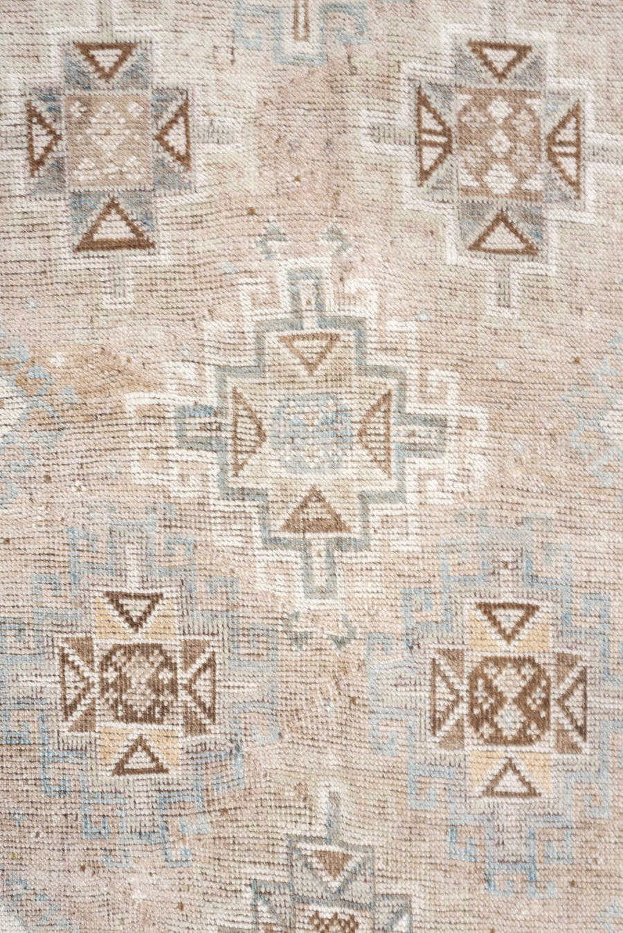 4' x 6' one-of-a-kind handmade antique Gabbe rug. Color palette: ivory, camel, taupe, pale blue, sand, light brown, blush