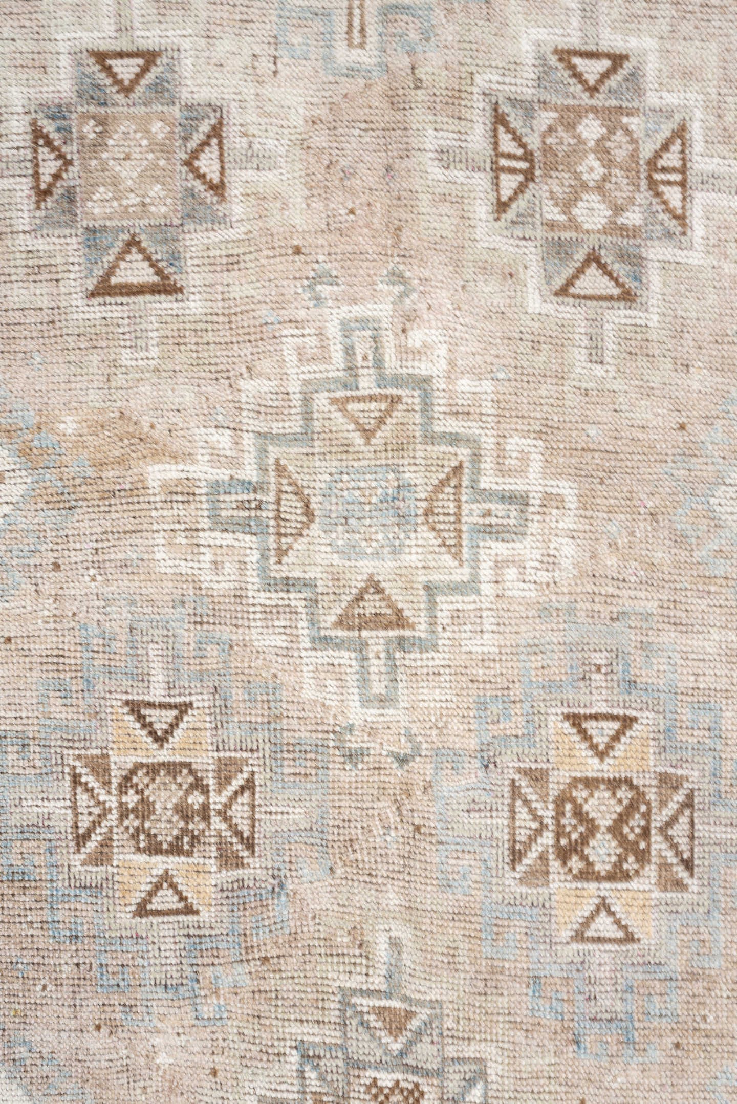 4' x 6' one-of-a-kind handmade antique Gabbe rug. Color palette: ivory, camel, taupe, pale blue, sand, light brown, blush