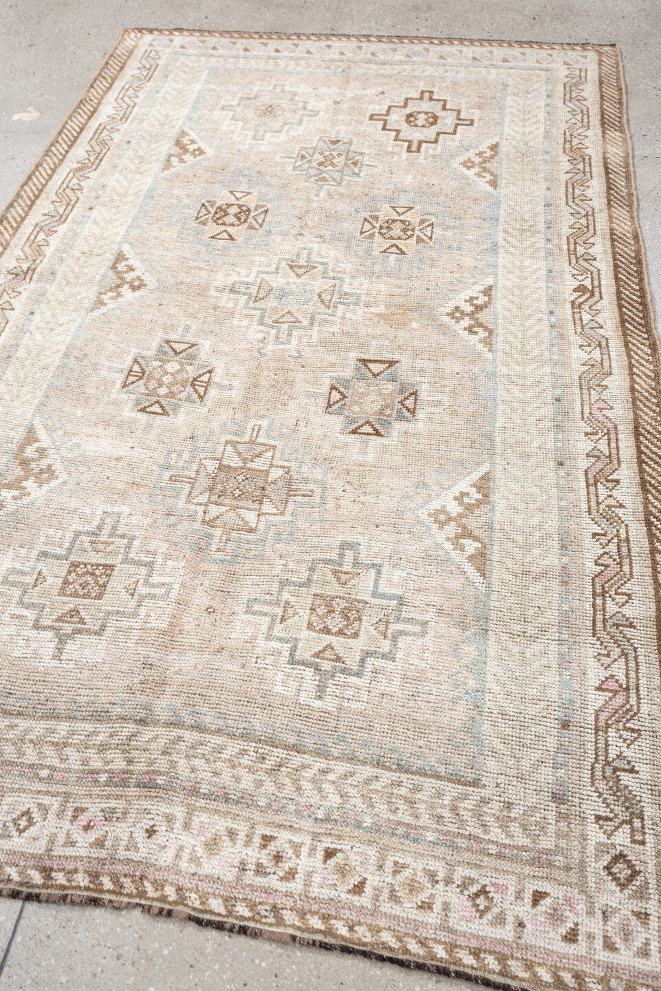 4' x 6' one-of-a-kind handmade antique Gabbe rug. Color palette: ivory, camel, taupe, pale blue, sand, light brown, blush