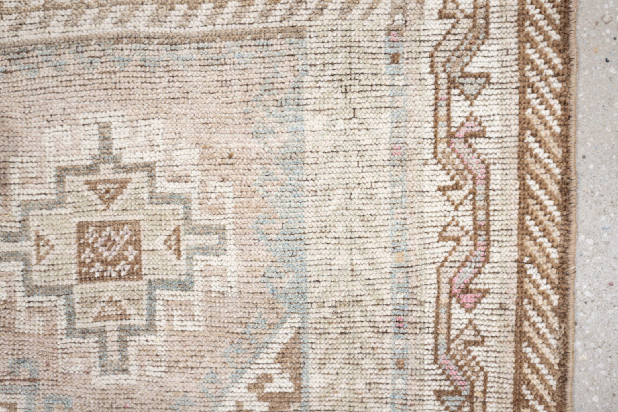 4' x 6' one-of-a-kind handmade antique Gabbe rug. Color palette: ivory, camel, taupe, pale blue, sand, light brown, blush