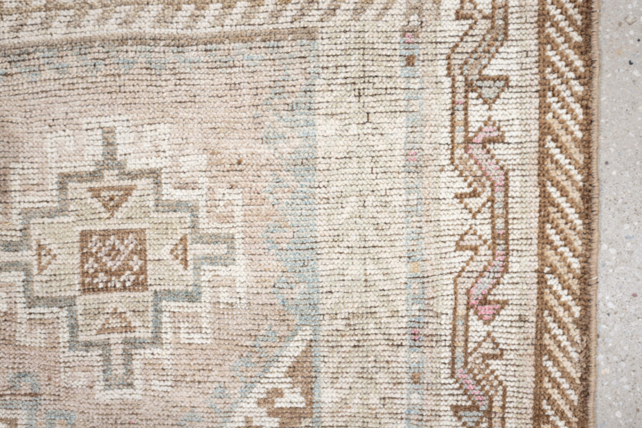 4' x 6' one-of-a-kind handmade antique Gabbe rug. Color palette: ivory, camel, taupe, pale blue, sand, light brown, blush