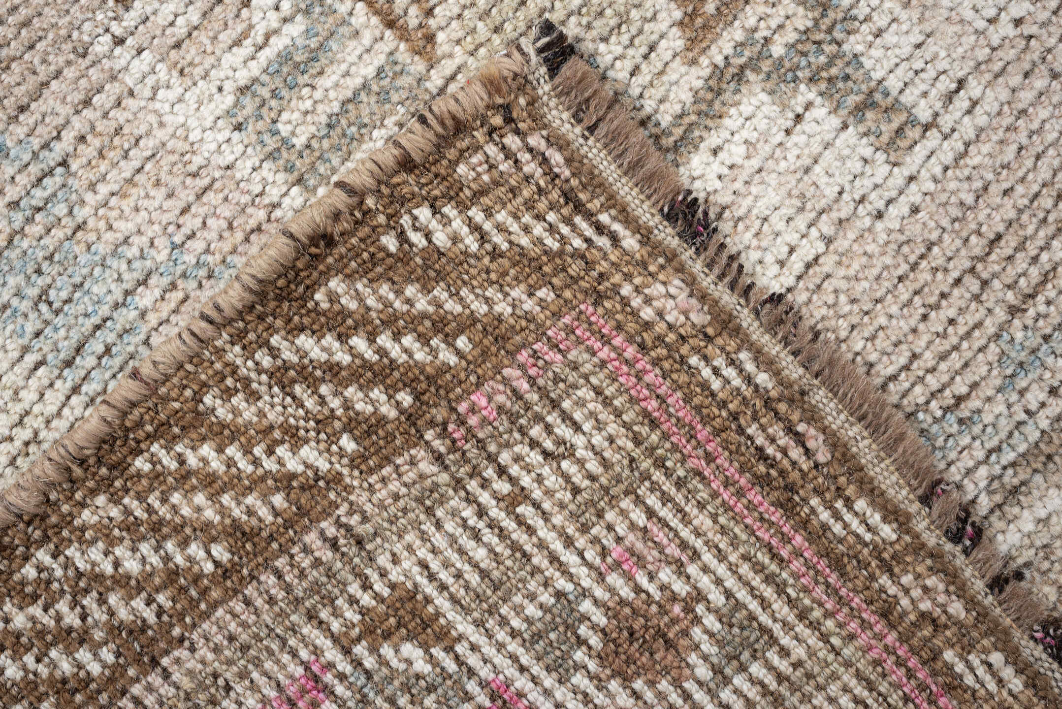 4' x 6' one-of-a-kind handmade antique Gabbe rug. Color palette: ivory, camel, taupe, pale blue, sand, light brown, blush