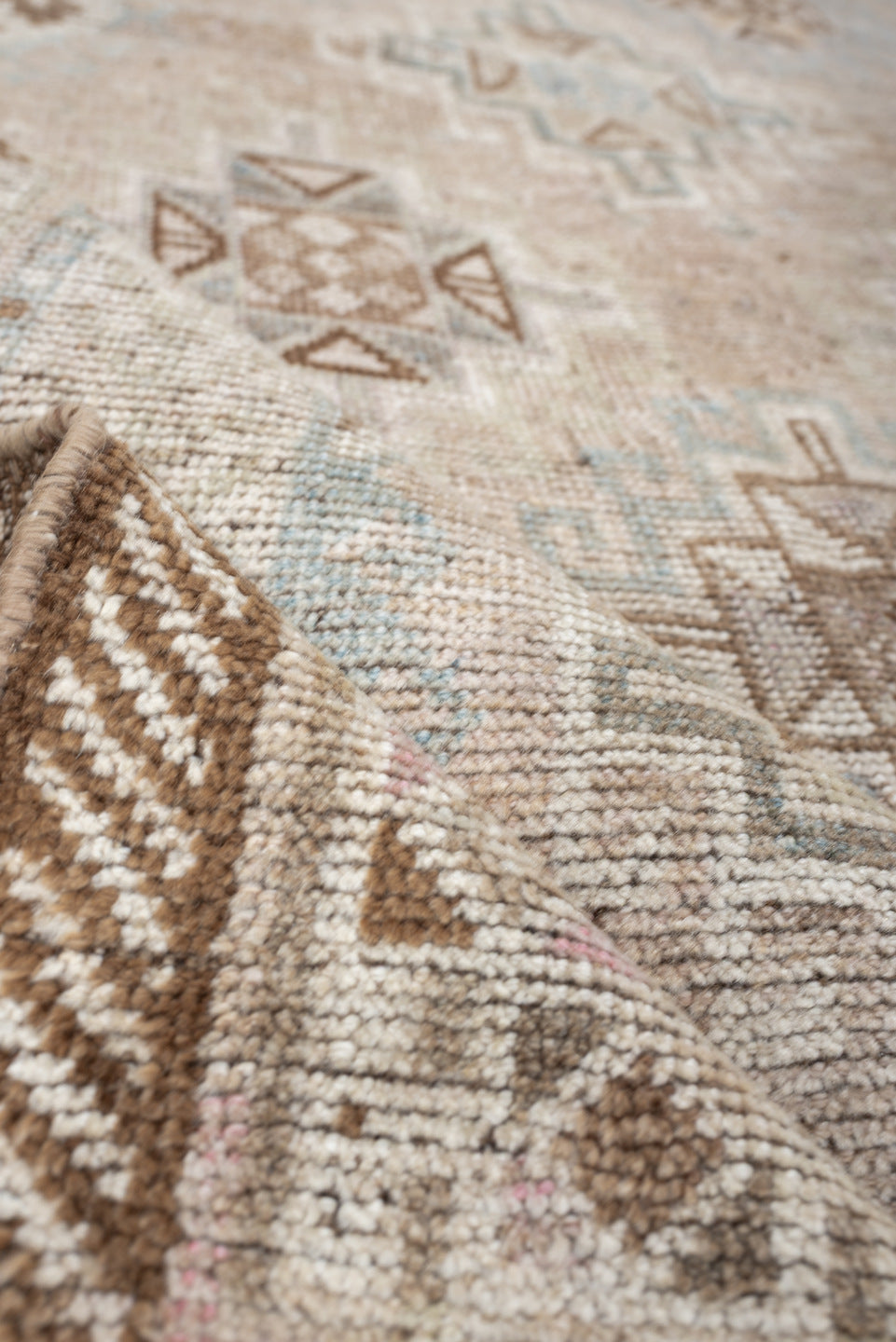 4' x 6' one-of-a-kind handmade antique Gabbe rug. Color palette: ivory, camel, taupe, pale blue, sand, light brown, blush
