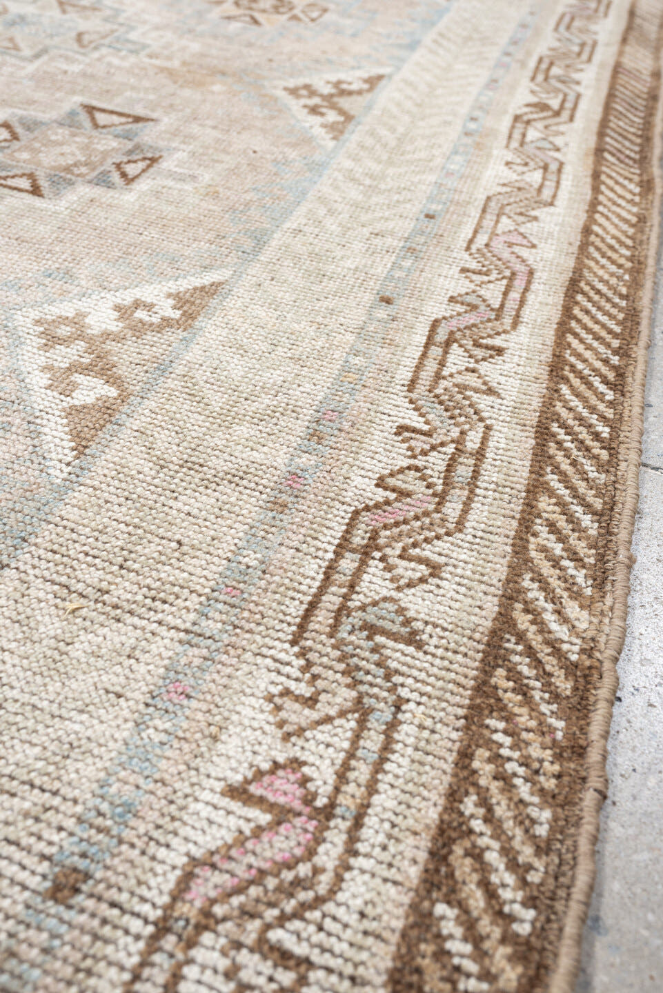 4' x 6' one-of-a-kind handmade antique Gabbe rug. Color palette: ivory, camel, taupe, pale blue, sand, light brown, blush