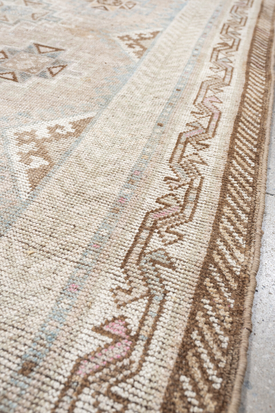 4' x 6' one-of-a-kind handmade antique Gabbe rug. Color palette: ivory, camel, taupe, pale blue, sand, light brown, blush