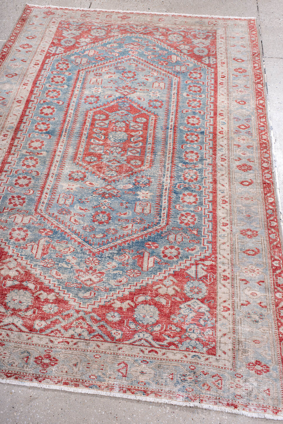 4' x 6' one-of-a-kind handmade vintage Malayer small size rug. Color palette: blue, brown, gray, light gray