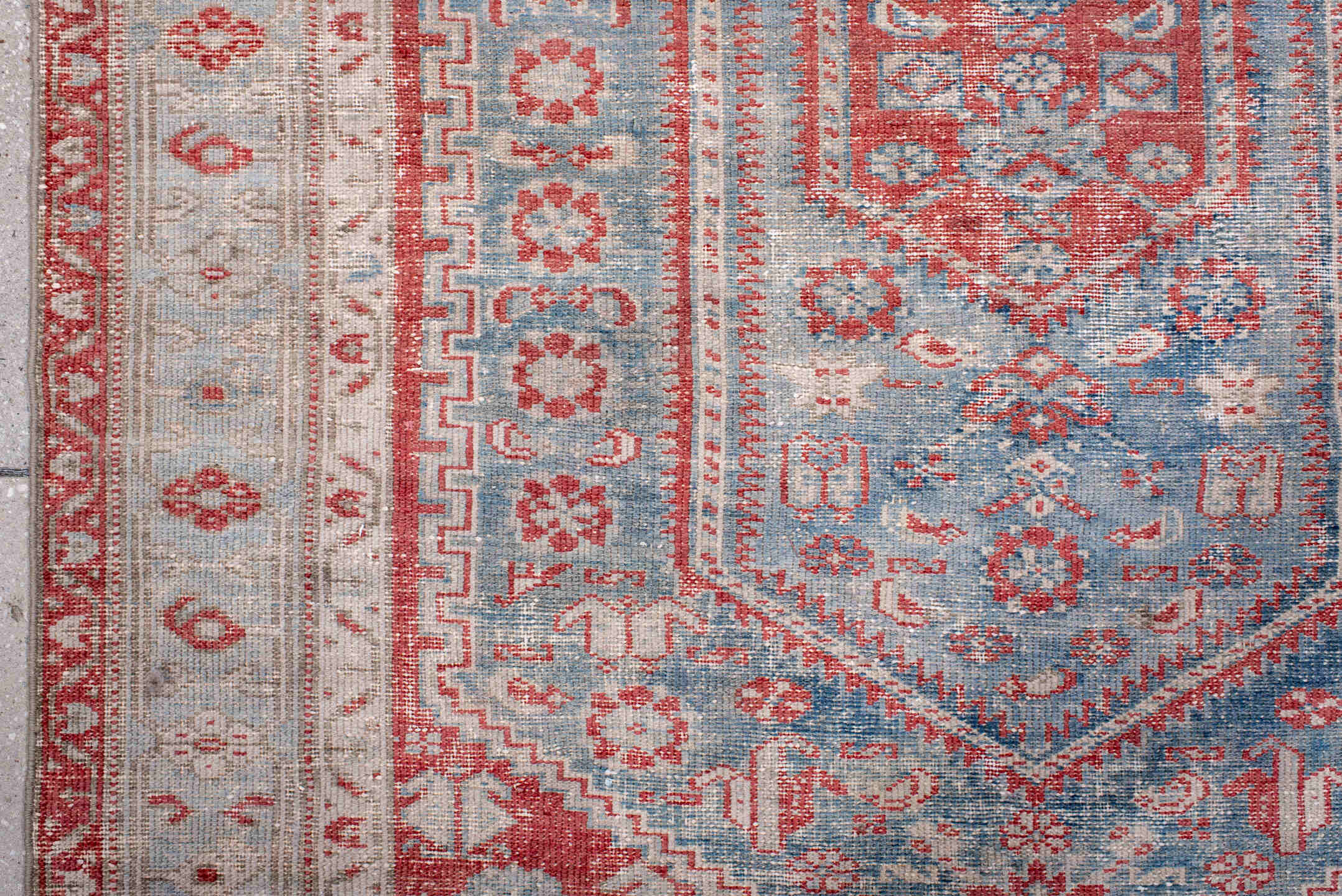 4' x 6' one-of-a-kind handmade vintage Malayer small size rug. Color palette: blue, brown, gray, light gray