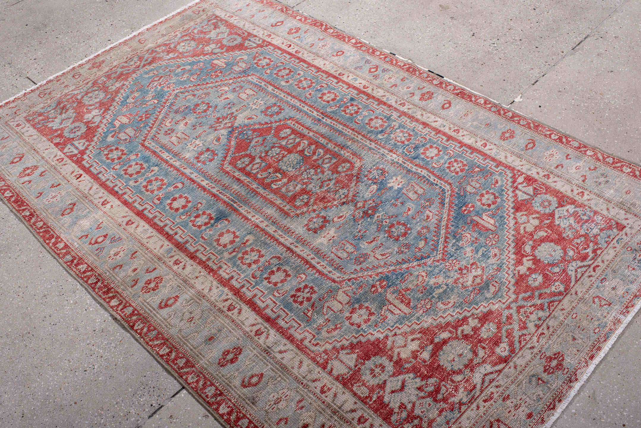 4' x 6' one-of-a-kind handmade vintage Malayer small size rug. Color palette: blue, brown, gray, light gray