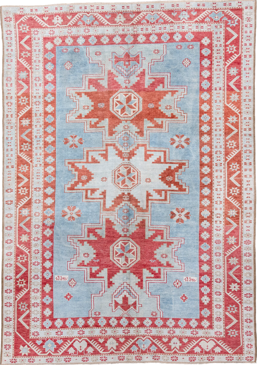 5' x 7' one-of-a-kind handmade vintage Caucasian rug. Color palette: brown, gray, light blue, light gray, light slate gray