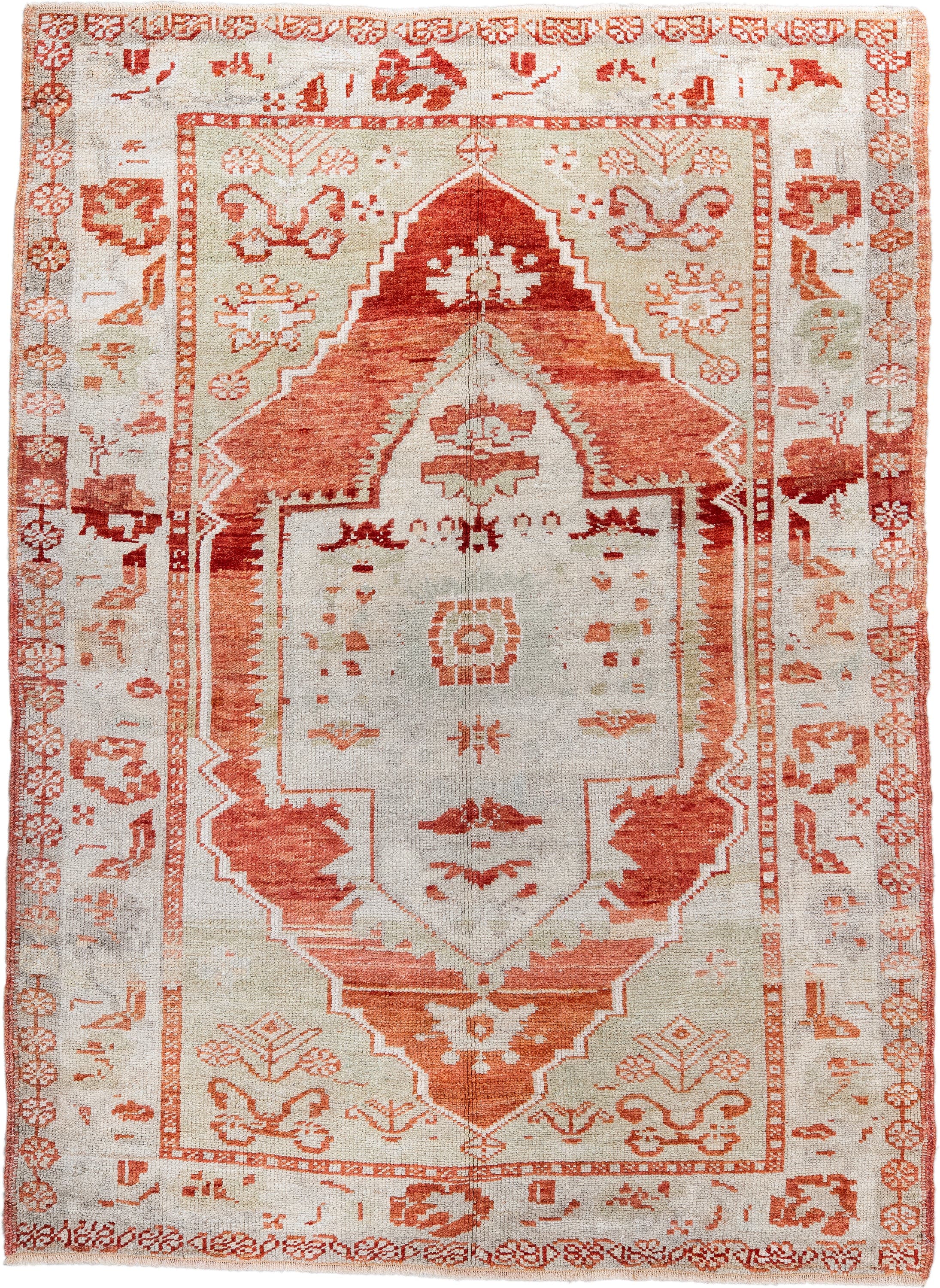 3' x 4' one-of-a-kind handmade antique Anatolian small size rug. Color palette: ivory, terra cotta, rust, cream, salmon