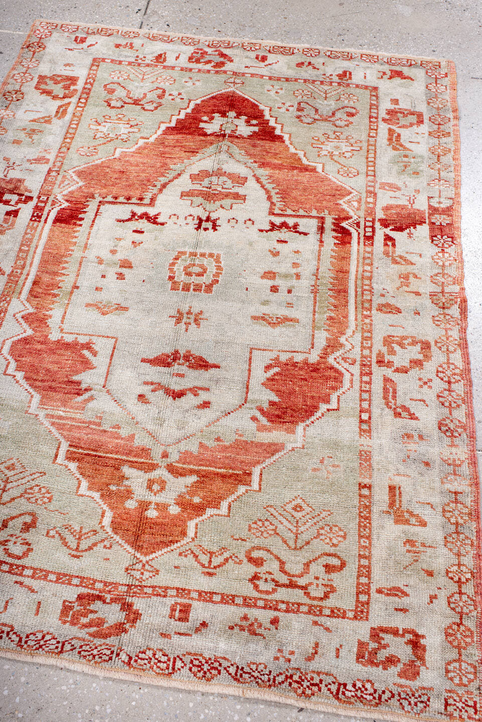 3' x 4' one-of-a-kind handmade antique Anatolian small size rug. Color palette: ivory, terra cotta, rust, cream, salmon