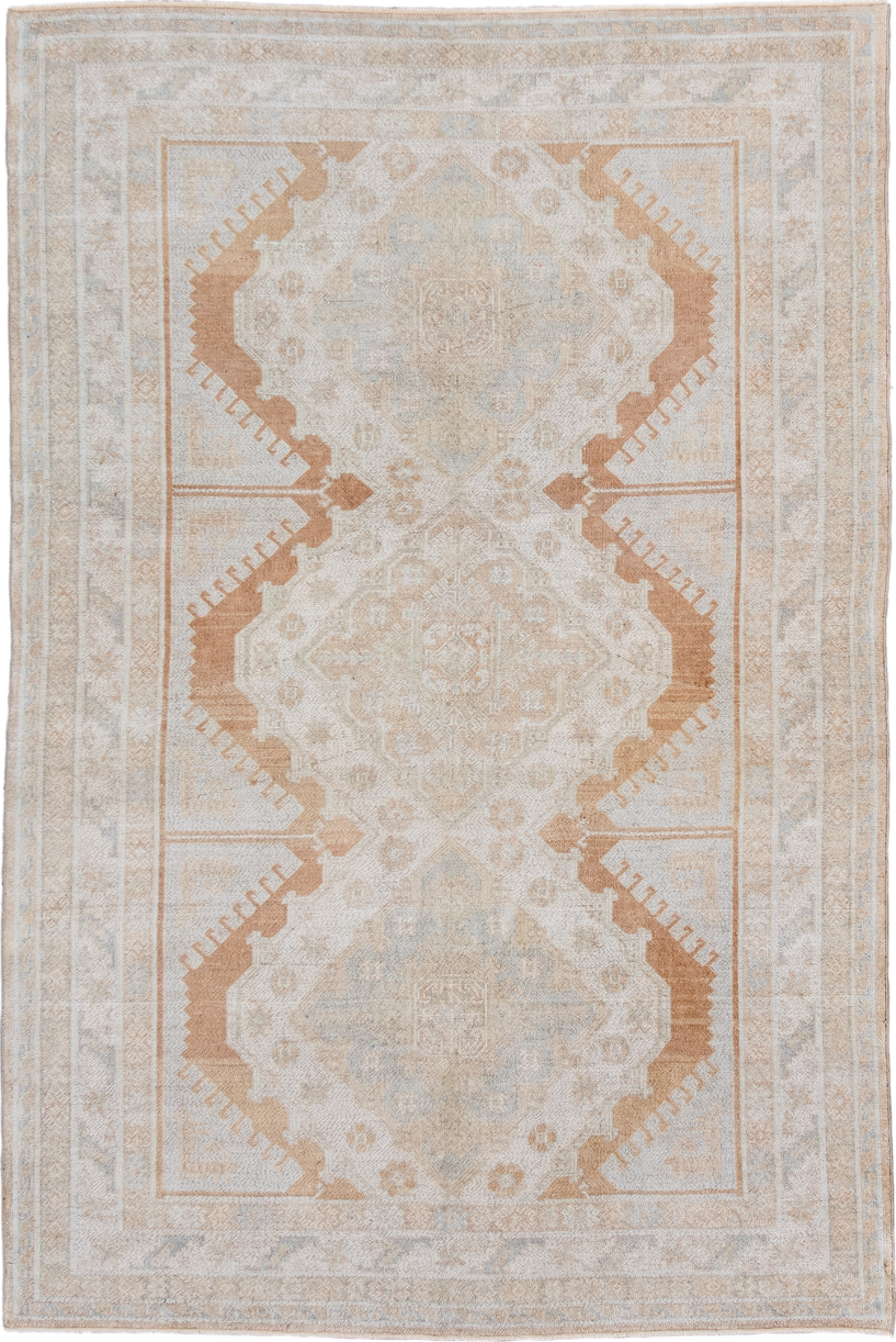 4' x 7' one-of-a-kind handmade antique Anatolian rug. Color palette: ivory, camel, pale blue, cream, taupe, beige