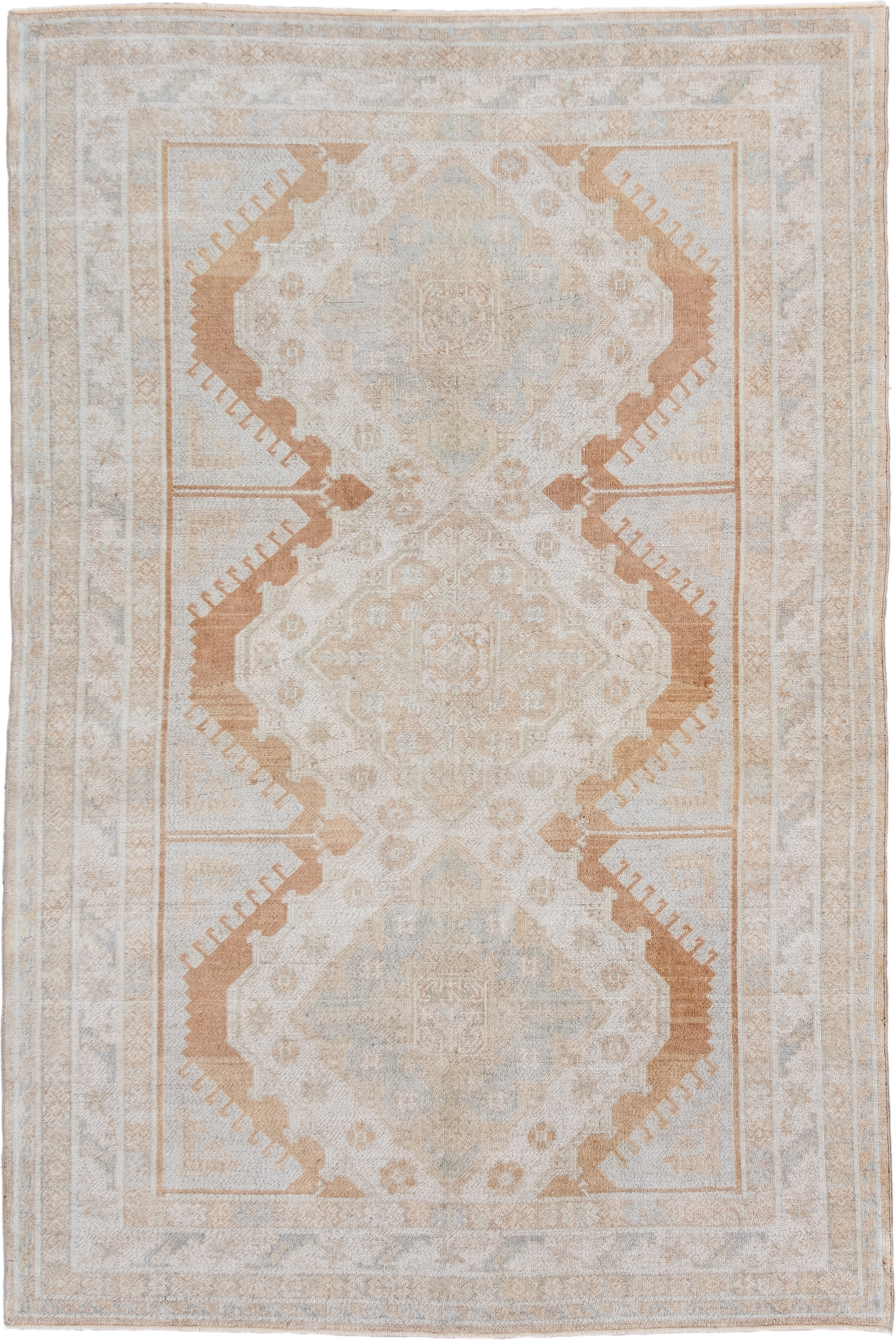 4' x 7' one-of-a-kind handmade antique Anatolian rug. Color palette: ivory, camel, pale blue, cream, taupe, beige