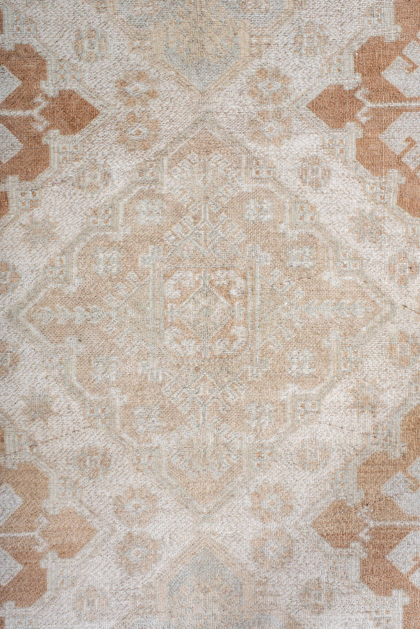 4' x 7' one-of-a-kind handmade antique Anatolian rug. Color palette: ivory, camel, pale blue, cream, taupe, beige