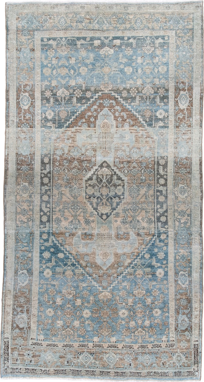 4' x 7' one-of-a-kind handmade antique Bidjar rug. Color palette: pale blue, ivory, taupe, charcoal, slate, brown