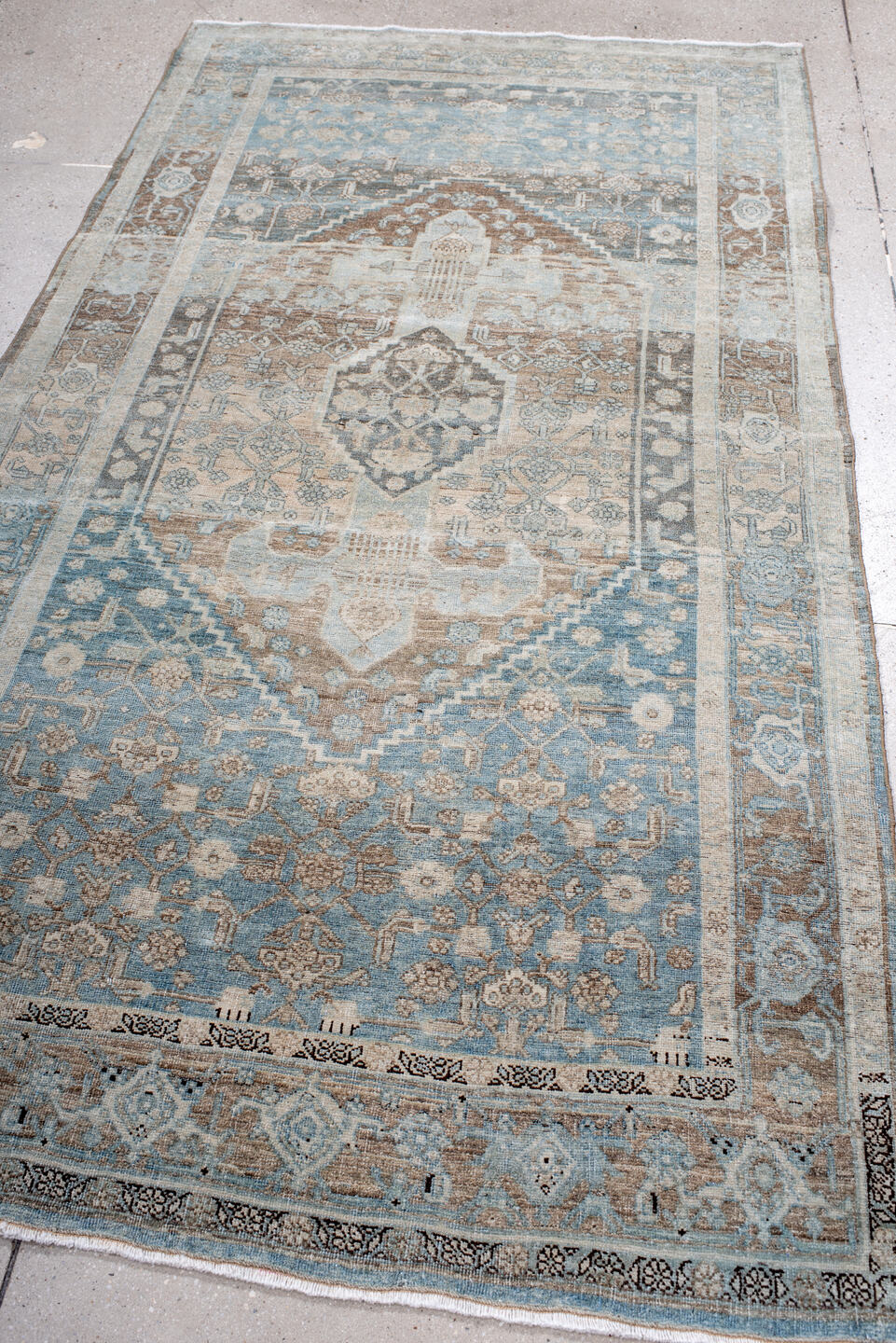 4' x 7' one-of-a-kind handmade antique Bidjar rug. Color palette: pale blue, ivory, taupe, charcoal, slate, brown