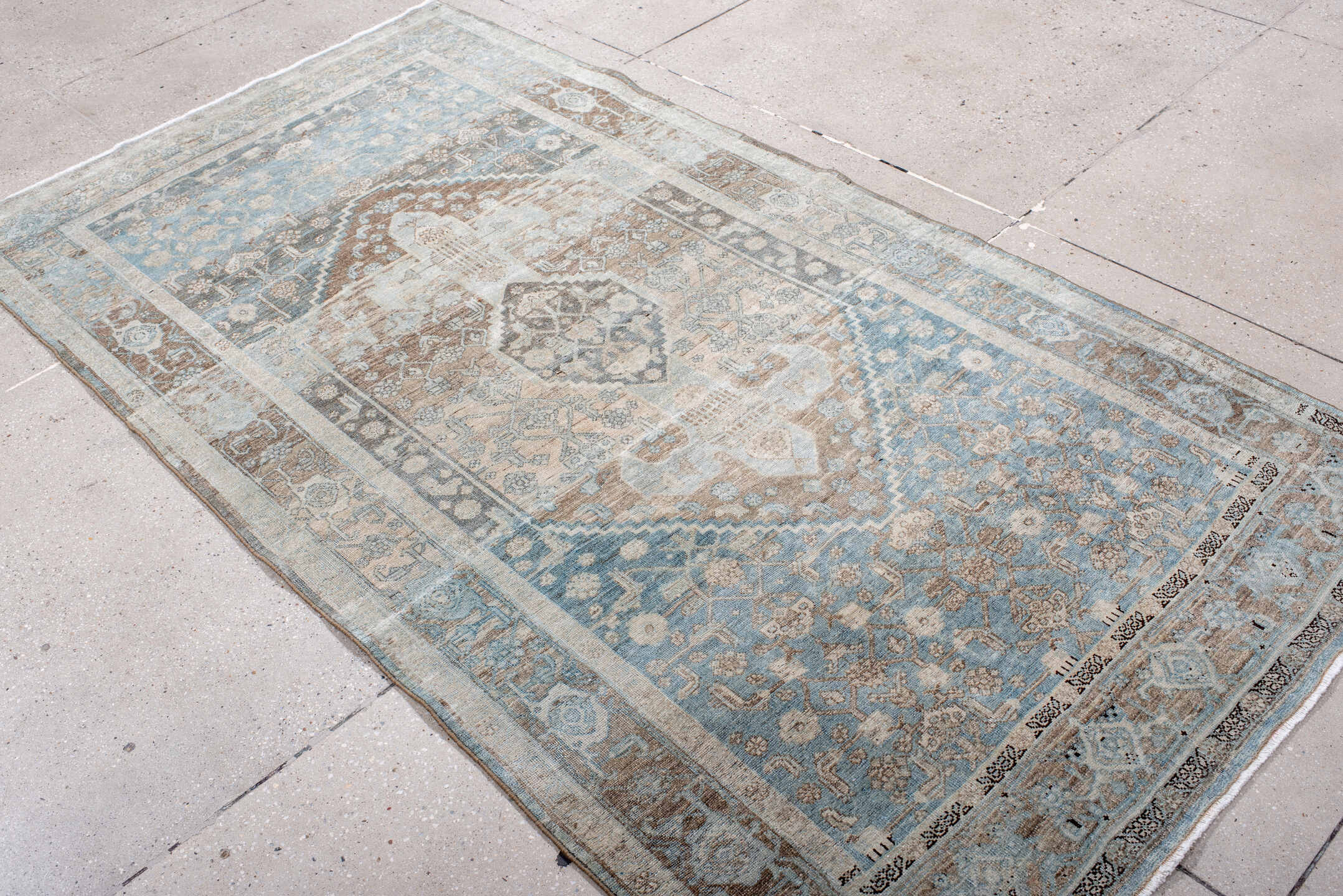 4' x 7' one-of-a-kind handmade antique Bidjar rug. Color palette: pale blue, ivory, taupe, charcoal, slate, brown
