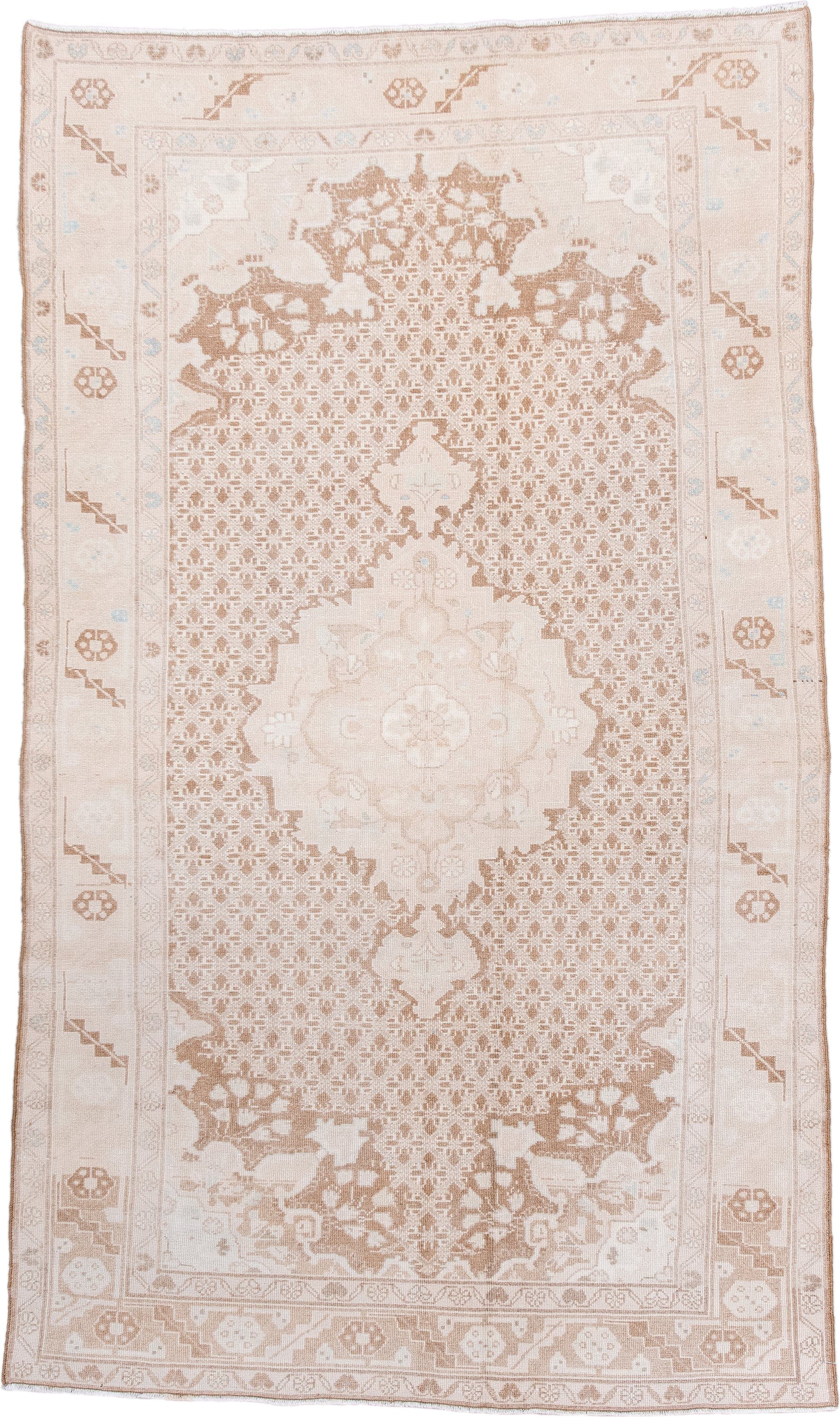 4' x 7' one-of-a-kind handmade antique Malayer rug. Color palette: ivory, sand, camel, taupe, pale blue, beige, gray