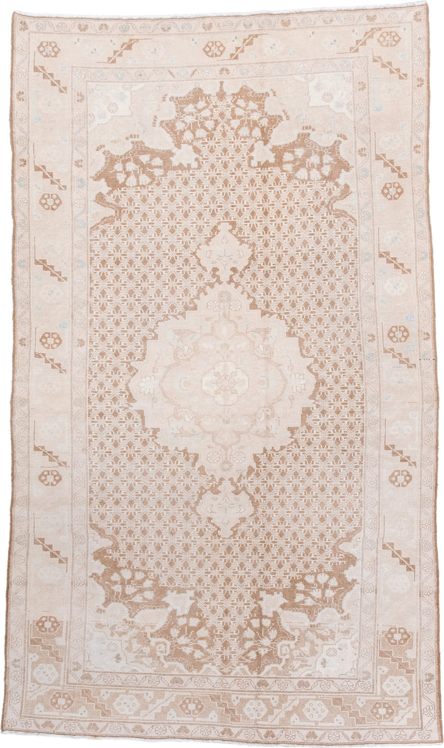 4' x 7' one-of-a-kind handmade antique Malayer rug. Color palette: ivory, sand, camel, taupe, pale blue, beige, gray