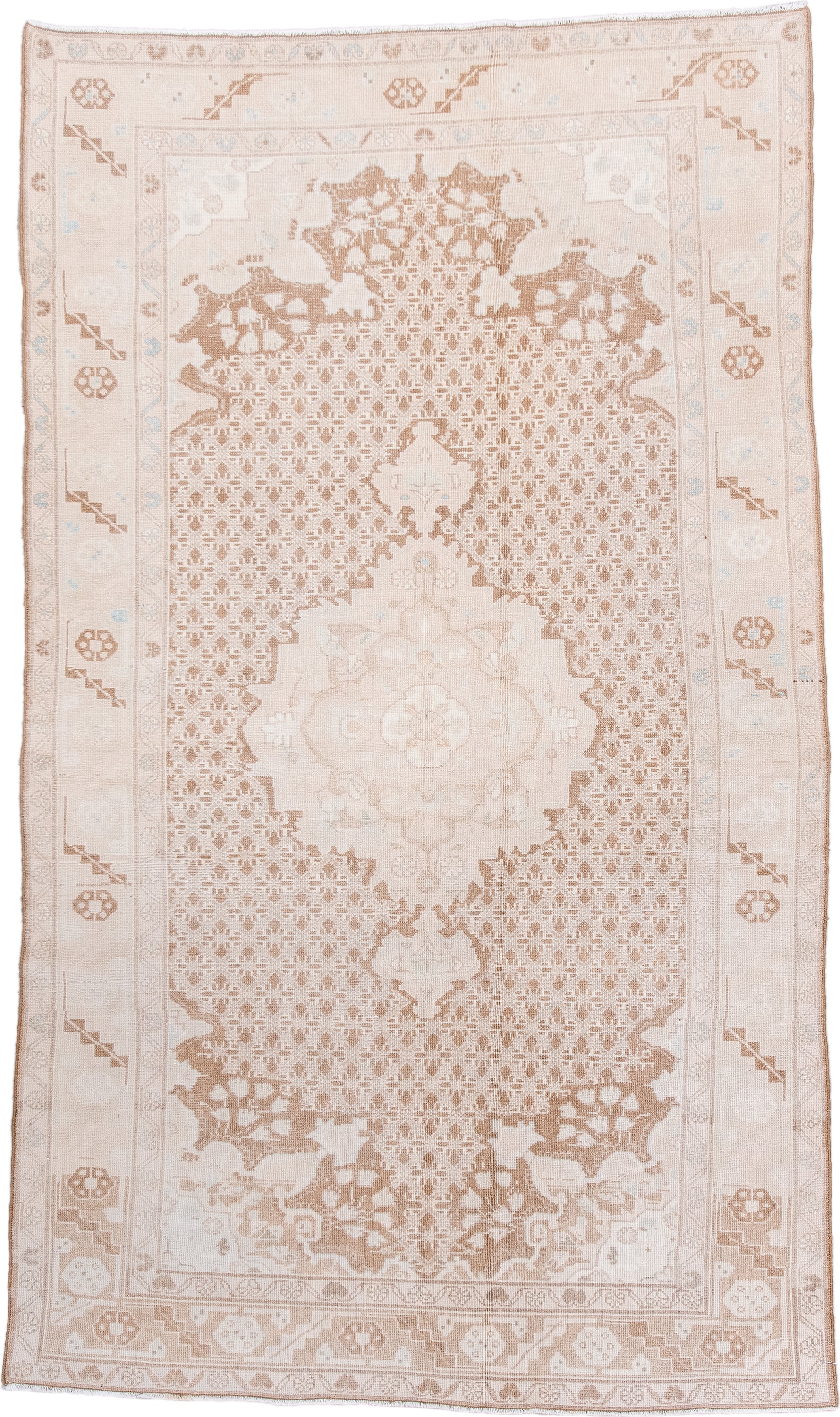 4' x 7' one-of-a-kind handmade antique Malayer rug. Color palette: ivory, sand, camel, taupe, pale blue, beige, gray