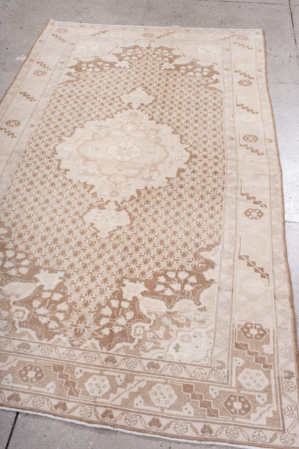 4' x 7' one-of-a-kind handmade antique Malayer rug. Color palette: ivory, sand, camel, taupe, pale blue, beige, gray