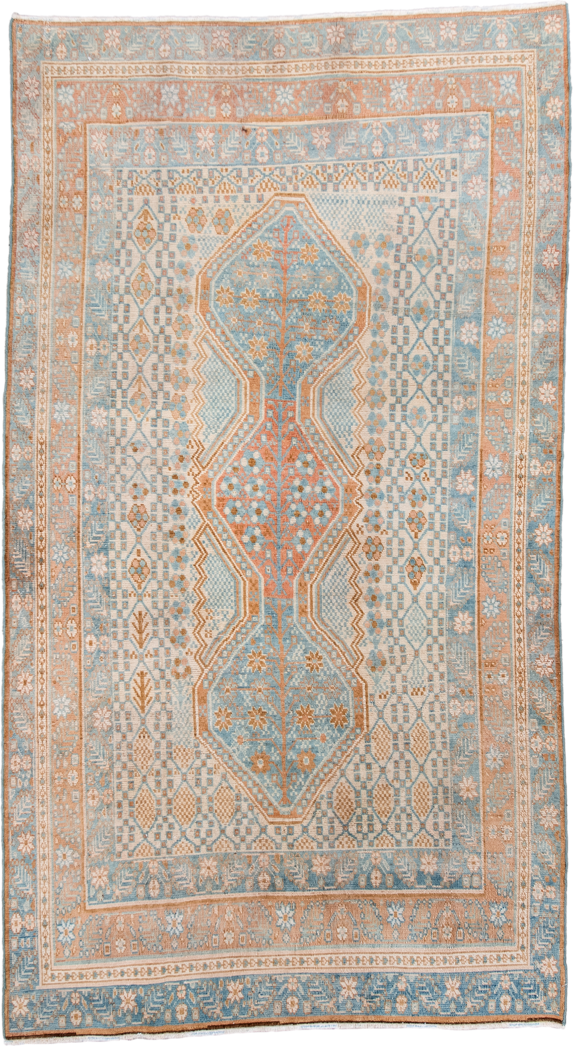 3' x 6' one-of-a-kind handmade antique Afshar small size rug. Color palette: ivory, sky blue, peach, camel, tan, light blue