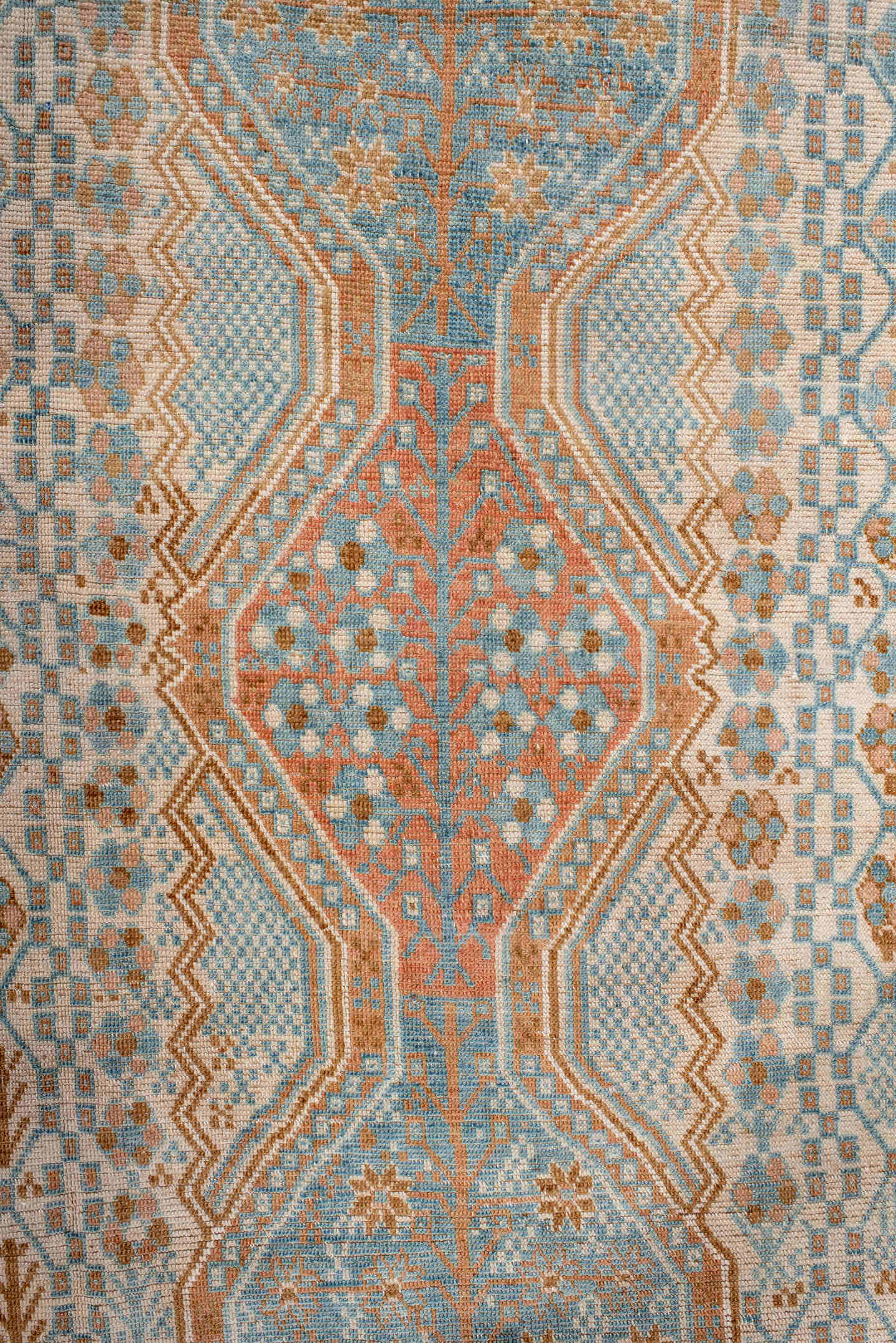 3' x 6' one-of-a-kind handmade antique Afshar small size rug. Color palette: ivory, sky blue, peach, camel, tan, light blue