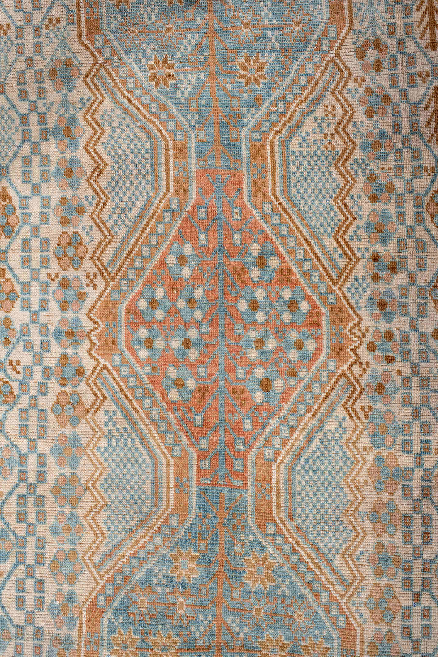 3' x 6' one-of-a-kind handmade antique Afshar small size rug. Color palette: ivory, sky blue, peach, camel, tan, light blue