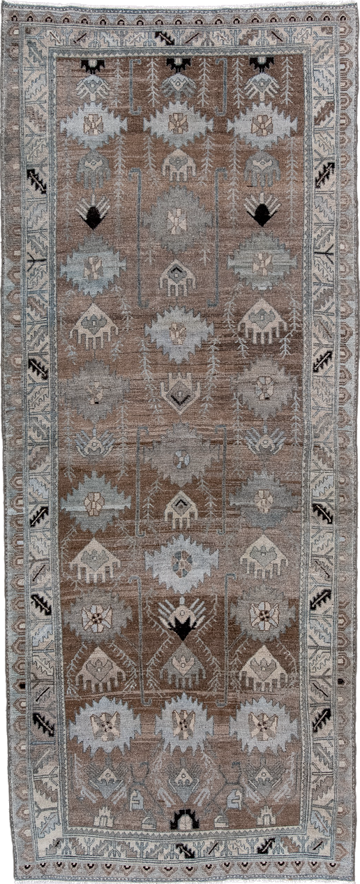 4' x 10' one-of-a-kind handmade vintage Malayer runner rug. Color palette: black, brown, charcoal, dark gray, dim gray, gray