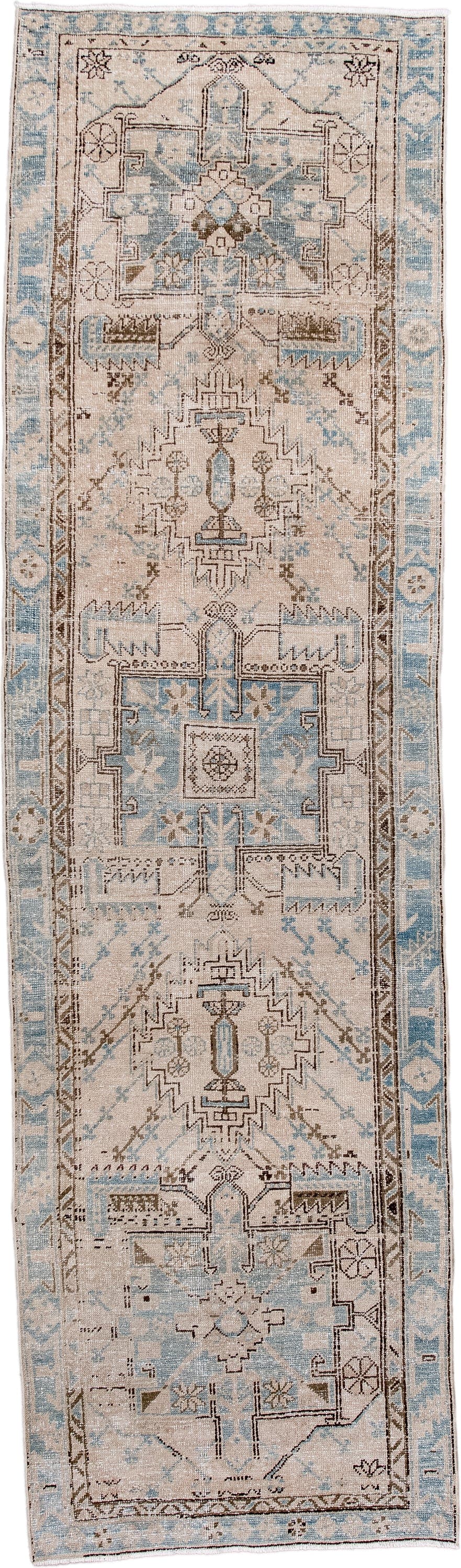 3' x 11' one-of-a-kind handmade antique Heriz runner rug. Color palette: ivory, sky blue, taupe, brown, camel, light blue