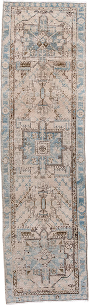 3' x 11' one-of-a-kind handmade antique Heriz runner rug. Color palette: ivory, sky blue, taupe, brown, camel, light blue