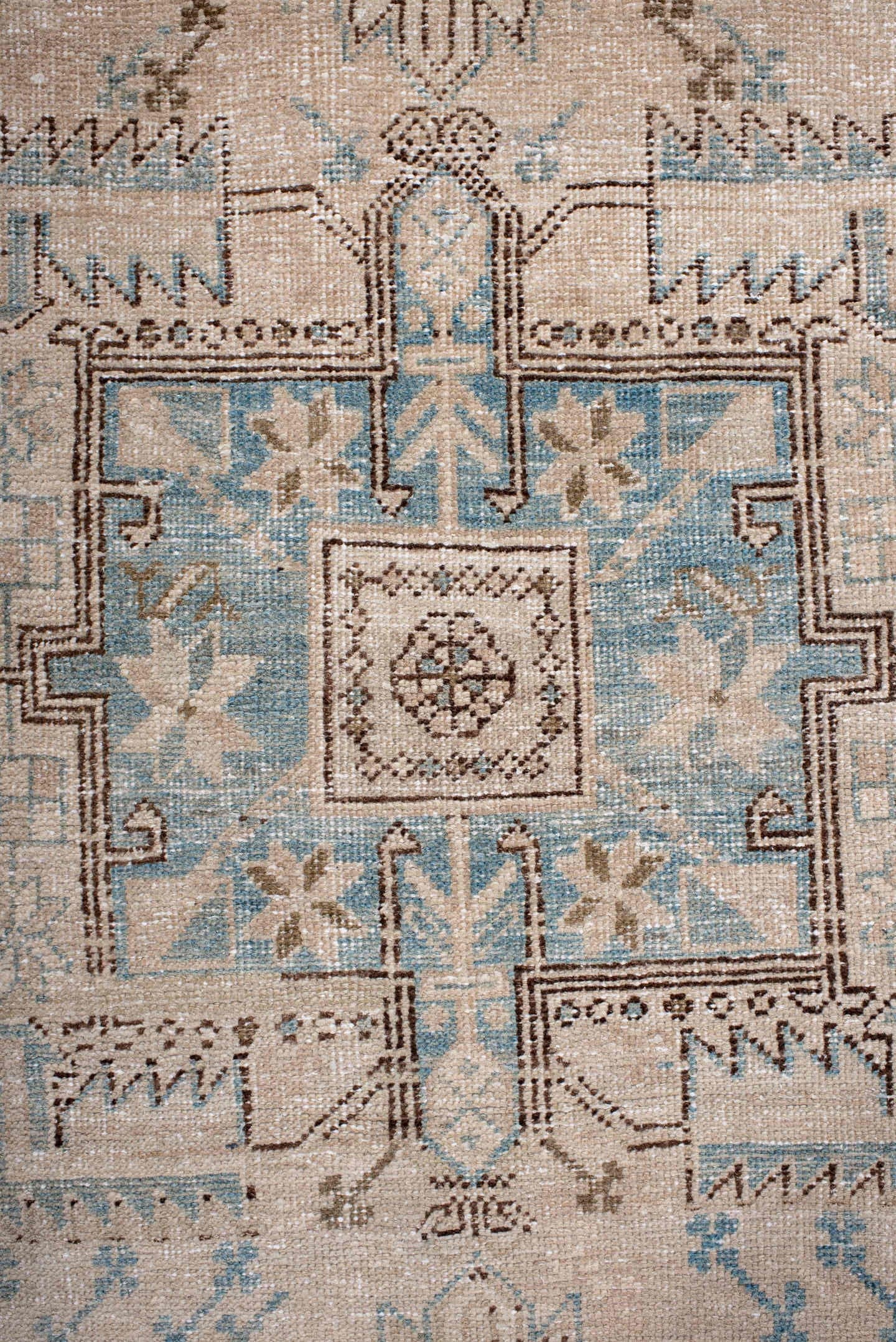 3' x 11' one-of-a-kind handmade antique Heriz runner rug. Color palette: ivory, sky blue, taupe, brown, camel, light blue