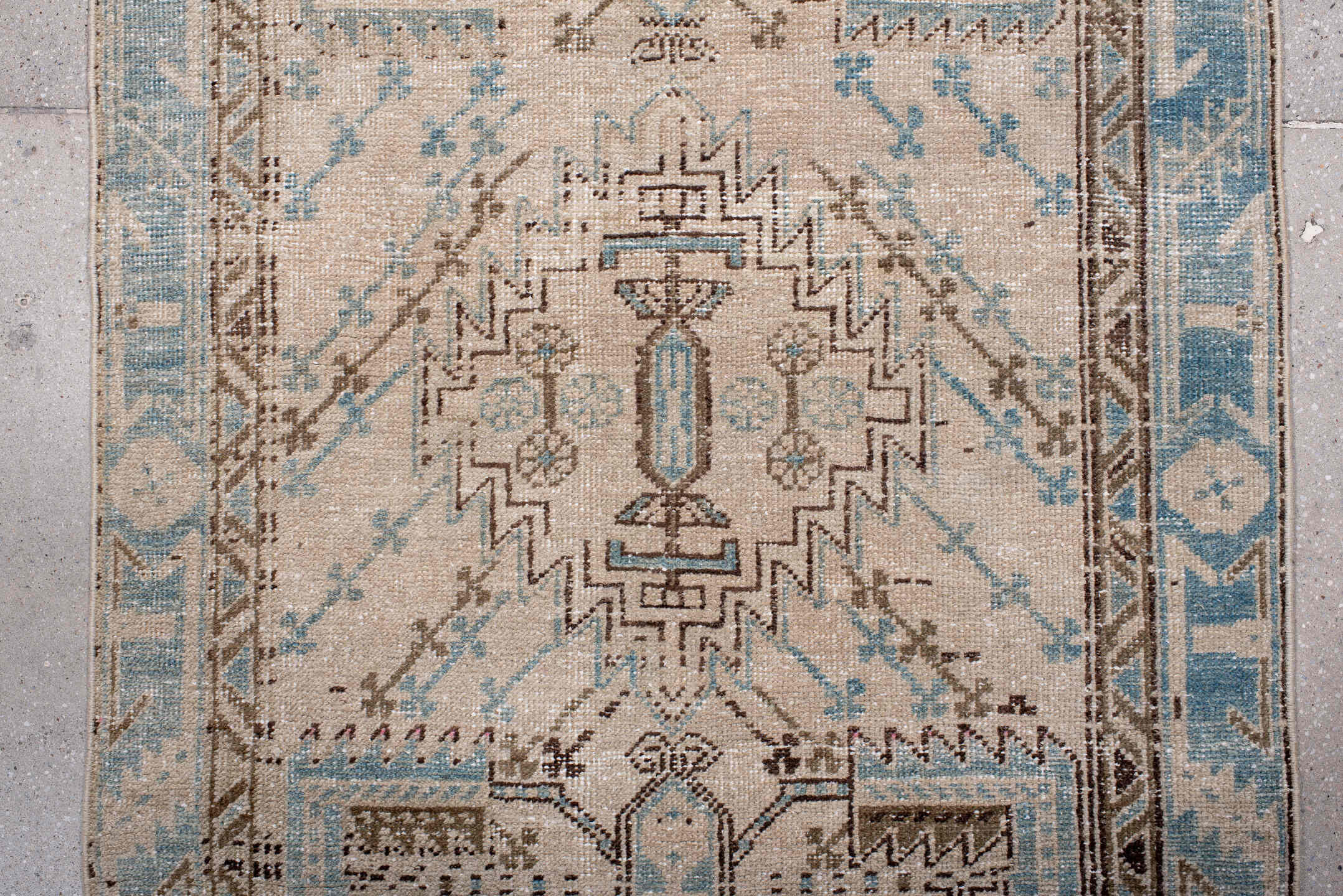 3' x 11' one-of-a-kind handmade antique Heriz runner rug. Color palette: ivory, sky blue, taupe, brown, camel, light blue