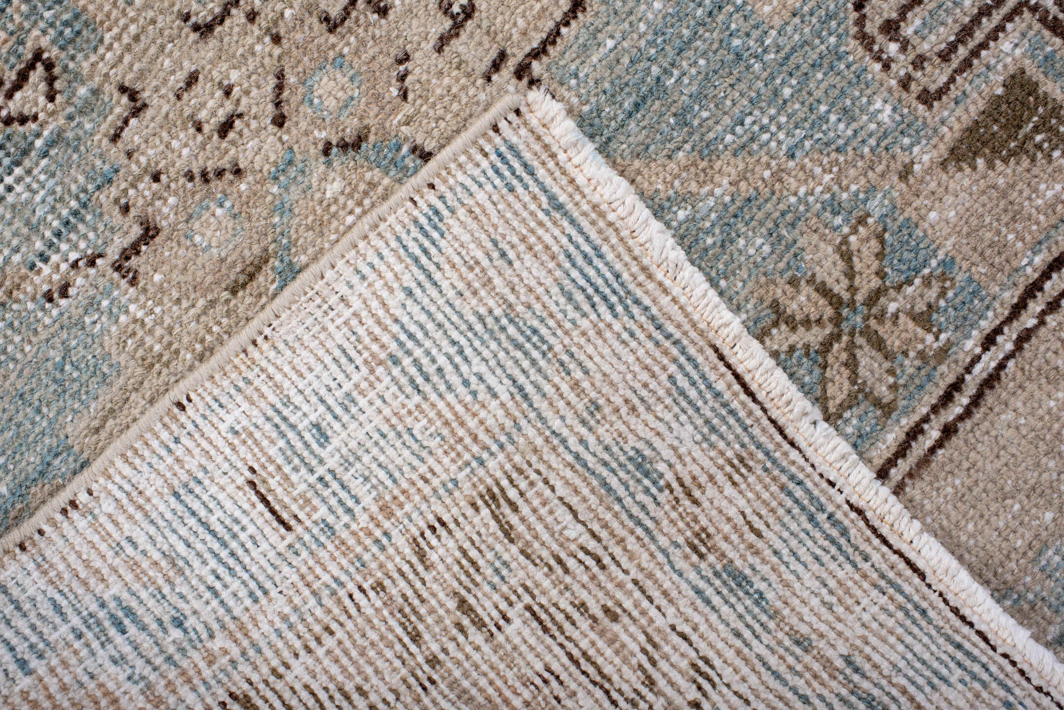 3' x 11' one-of-a-kind handmade antique Heriz runner rug. Color palette: ivory, sky blue, taupe, brown, camel, light blue
