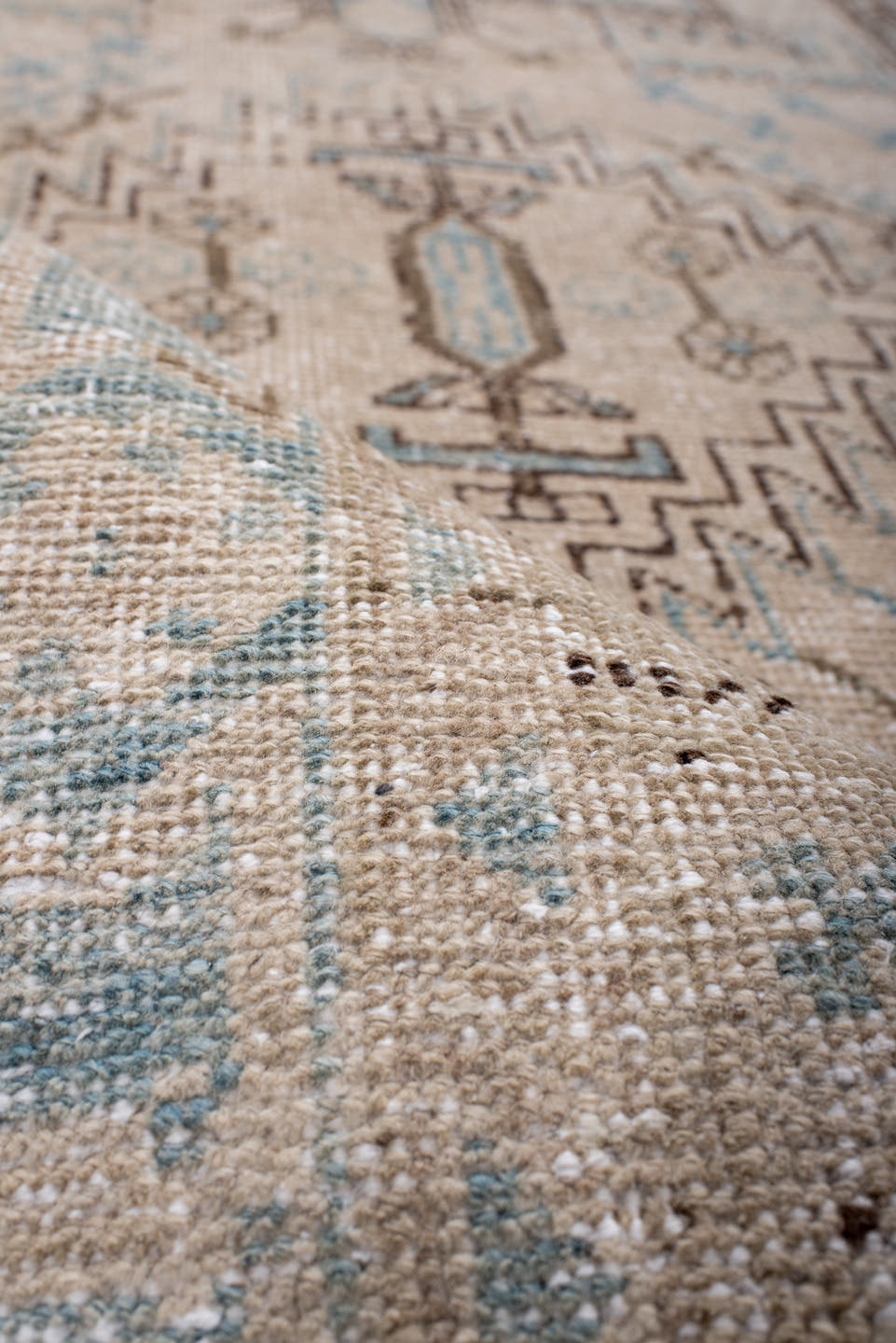 3' x 11' one-of-a-kind handmade antique Heriz runner rug. Color palette: ivory, sky blue, taupe, brown, camel, light blue
