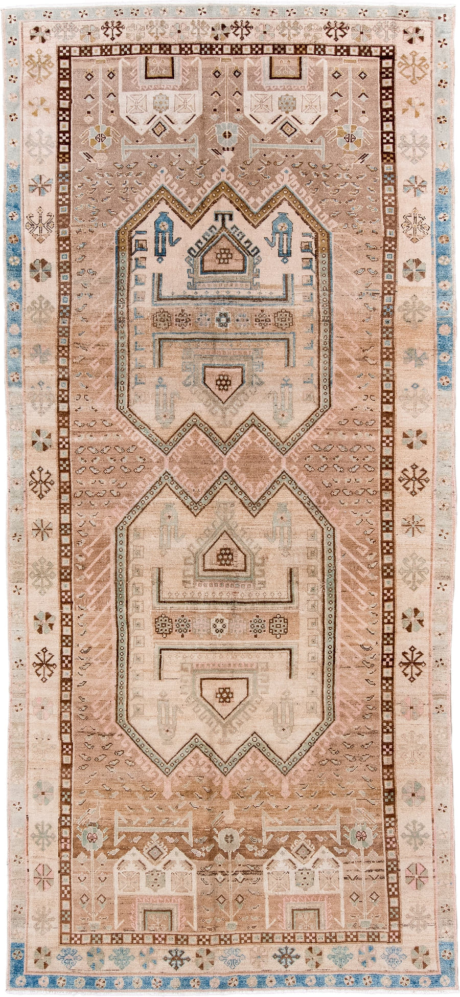 5' x 11' one-of-a-kind handmade antique Hamadan large size rug. Color palette: blush, ivory, camel, sky blue, taupe, brown