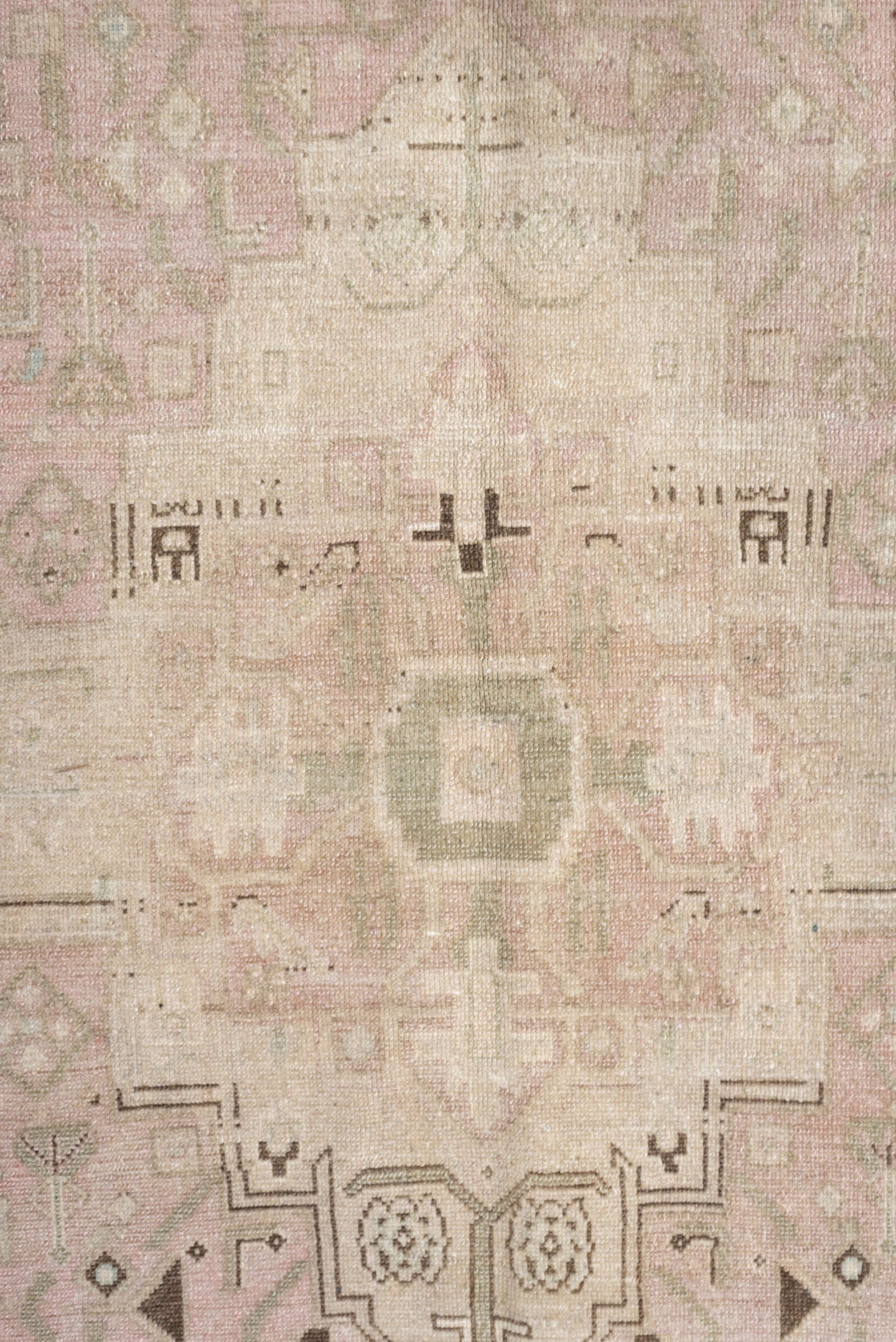5' x 11' one-of-a-kind handmade vintage Malayer rug. Color palette: ivory, blush, taupe, camel, brown, pale blue, pink