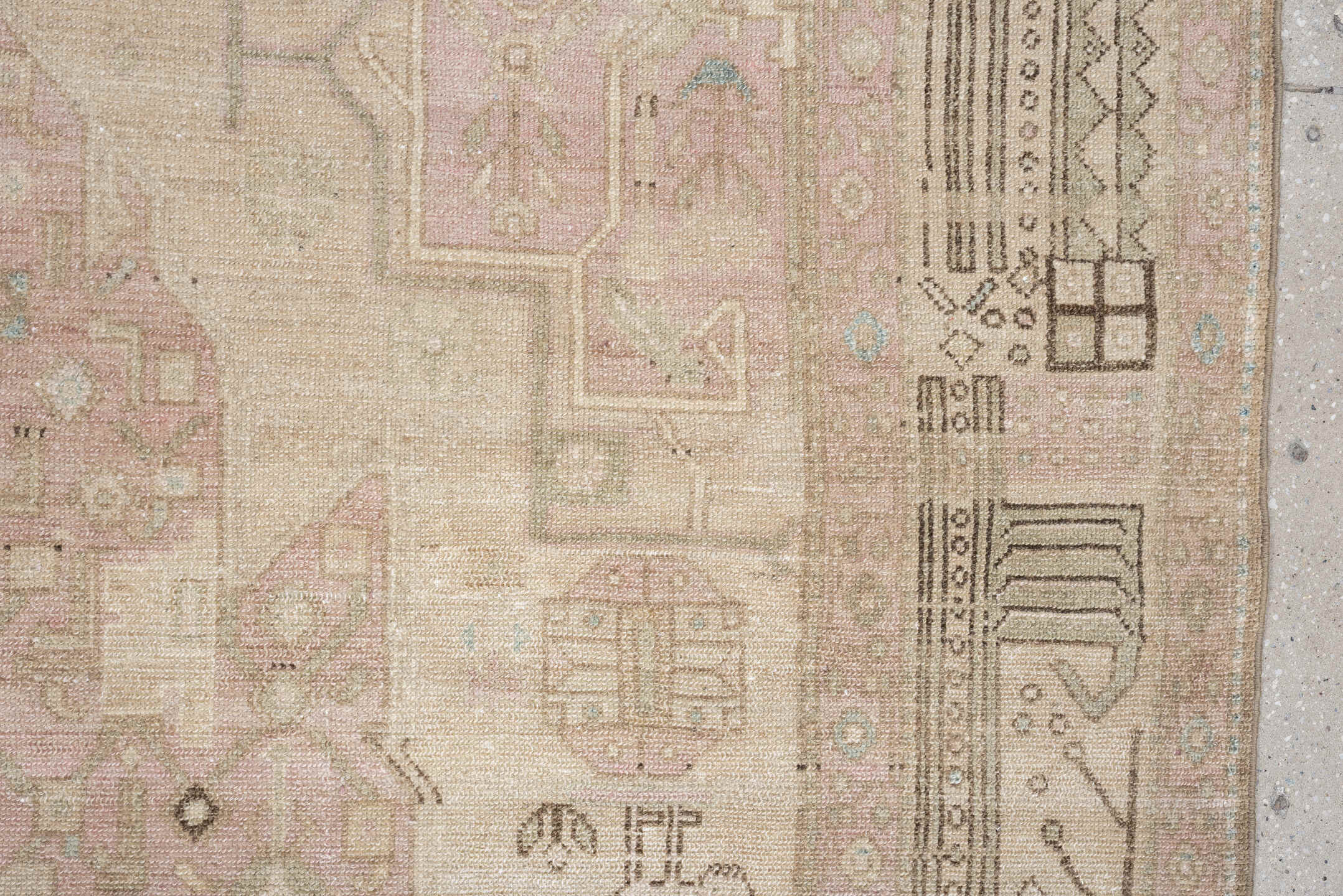 5' x 11' one-of-a-kind handmade vintage Malayer rug. Color palette: ivory, blush, taupe, camel, brown, pale blue, pink